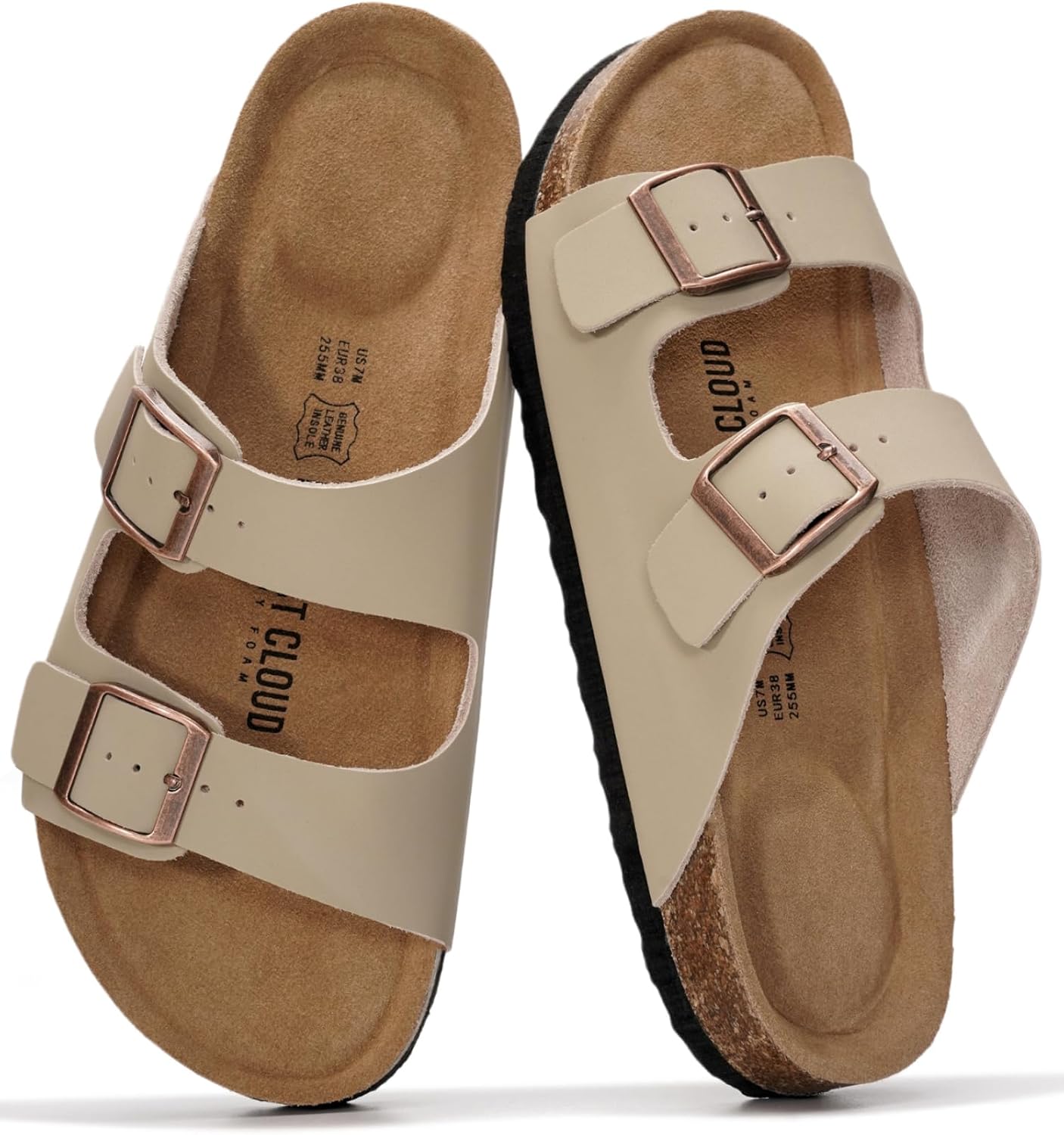 Project Cloud 100% Genuine Leather Flat Sandals For Women 2026 Cork Footbed Womens Sandals with Memory Foam and arch support Vacation Essentials Slides for Women Footwear (Venita)