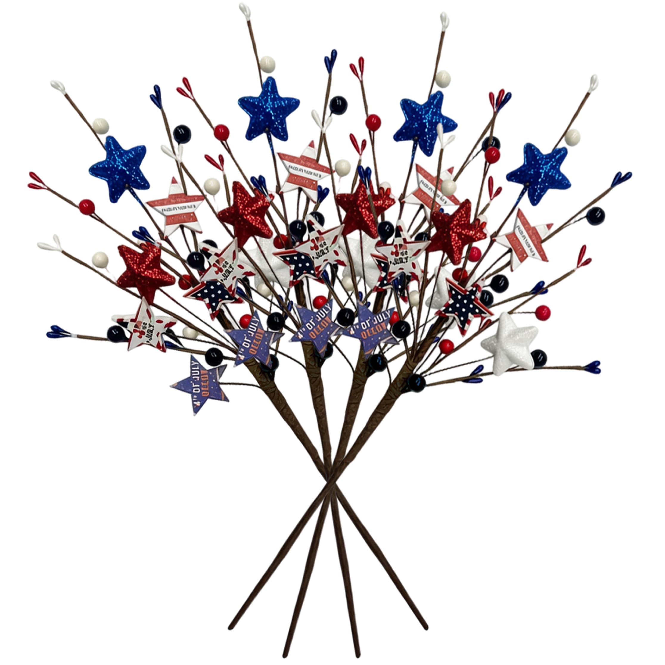 Ginwrek Patriotic Decorations Patriotic Floral Picks, 4Pcs 4th Of July Decorations Floral Picks Red White Blue Stars & Artificial Berry Stems Bendable Branches