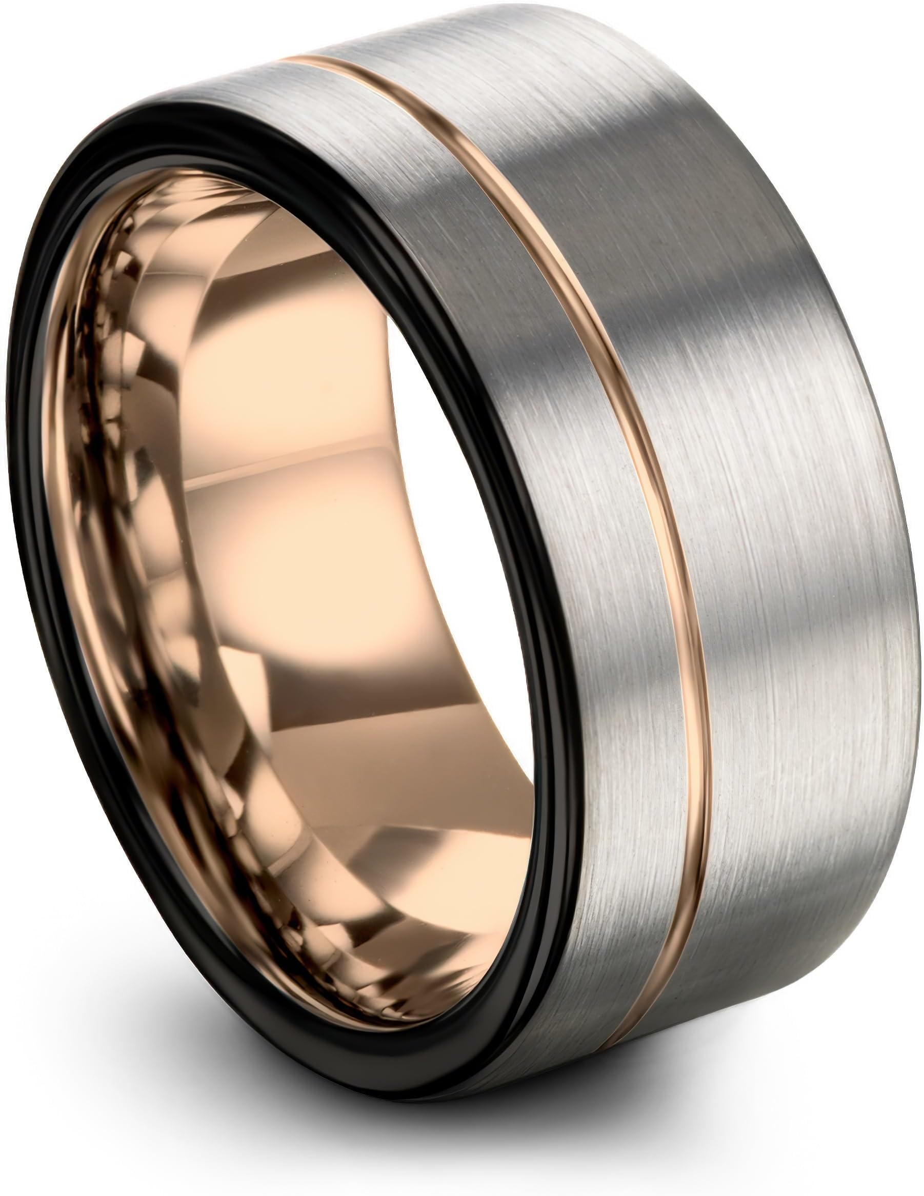 - Tungsten Wedding Band Ring 12mm 9mm 7mm for Men Women 18k Rose Gold Plated Flat Cut Black Grey Brushed Polished