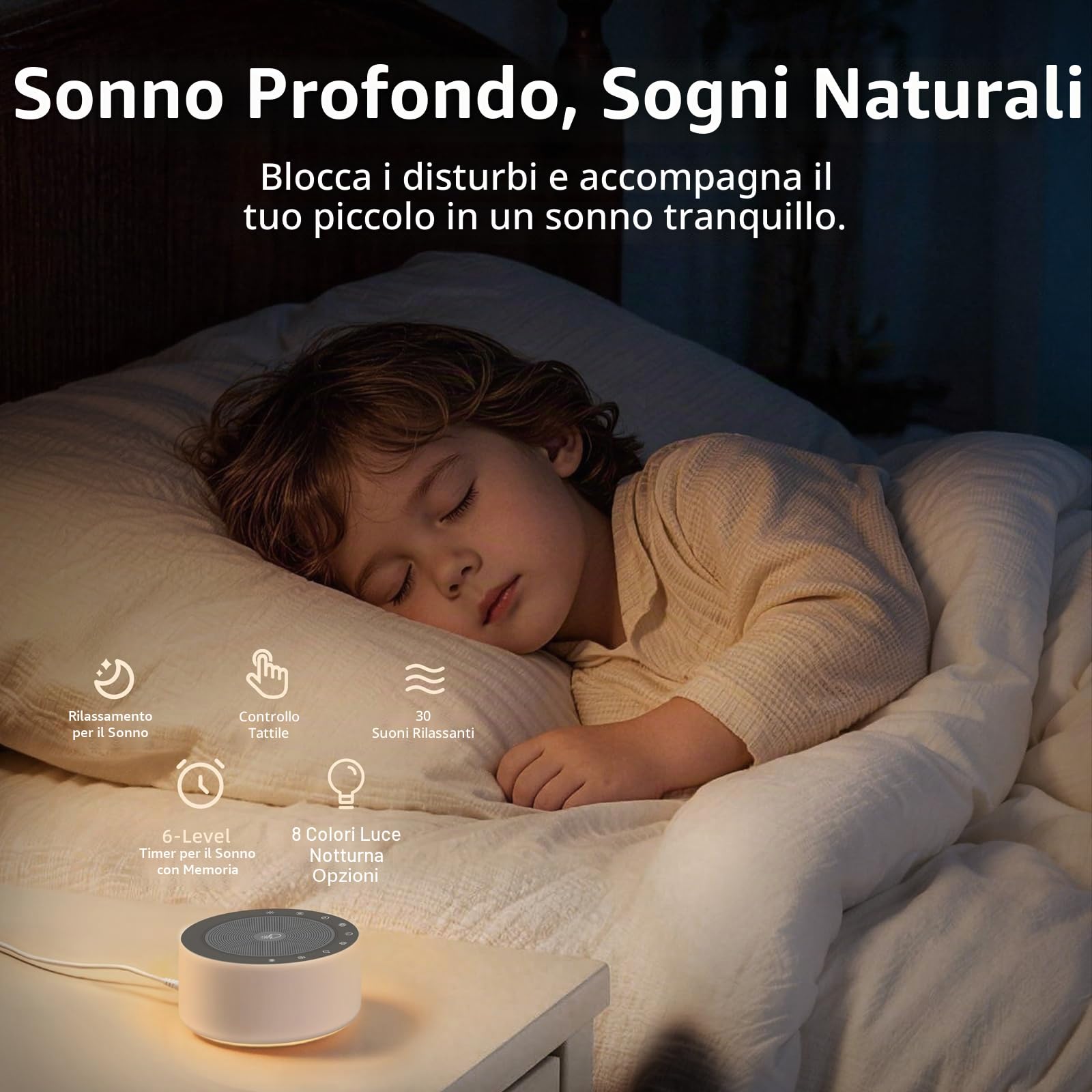 Macchina per il rumore bianco con 30 colonne sonore ad alta fedeltà, luci notturne a 7 colori, griglia e pulsanti in tessuto full touch, timer e memoria, plug-in, macchina audio per bambini