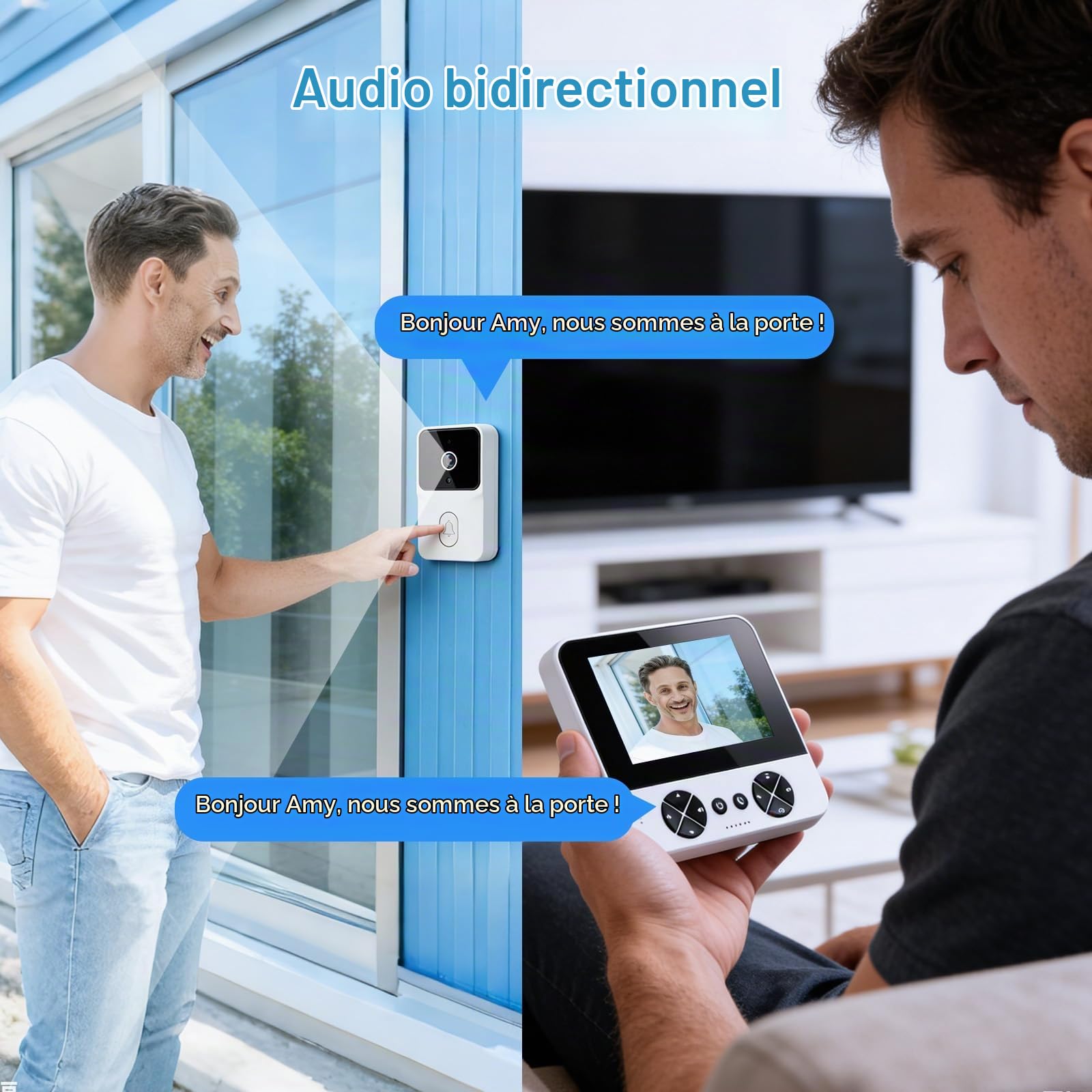Sonnette Vidéo Sans Fil Extérieur avec Caméra - IP65 Étanche 1080P HD - Ecran IPS 4,3 Pouces Interphone Vidéo - Vision Nocturne Infrarouge et Audio Bidirectionnel - Sonnette Sans Fil avec Connexion Bl