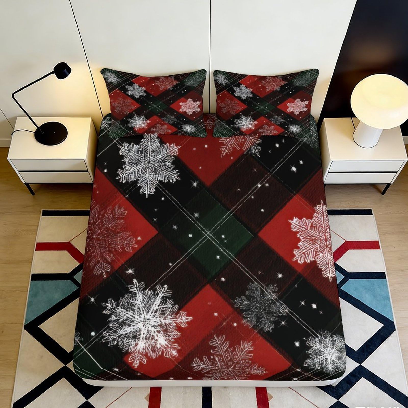 3D Printed Snowflake Plaid Fitted Sheet Microfiber Soft Breathable Christmas Pattern Bed Cover for Bedroom Dormitory Guest Room Mattress Protection 200x200x25cm