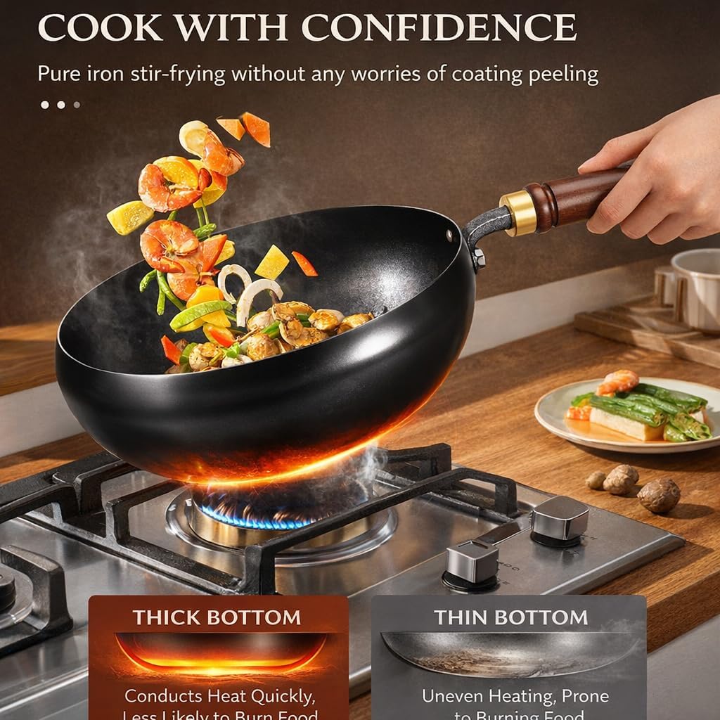 2026 New Japanese Cast Iron Pan Cookware,Uncoated Iron Pan,Hand-Forged Non-Stick Iron Pan Without Coating Durable For Cooking,Round Bottom Wok With Lid (Hammer-Glass Cover,9.5in)
