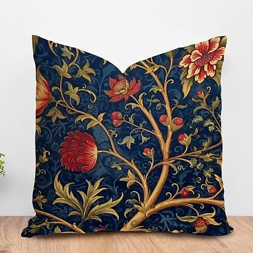 ArogGeld Cojín botánico de lino blanco con flores de olivo burdeos, color azul marino y rojo, floral, blanco, funda de cojín para sofá, chinoiserie