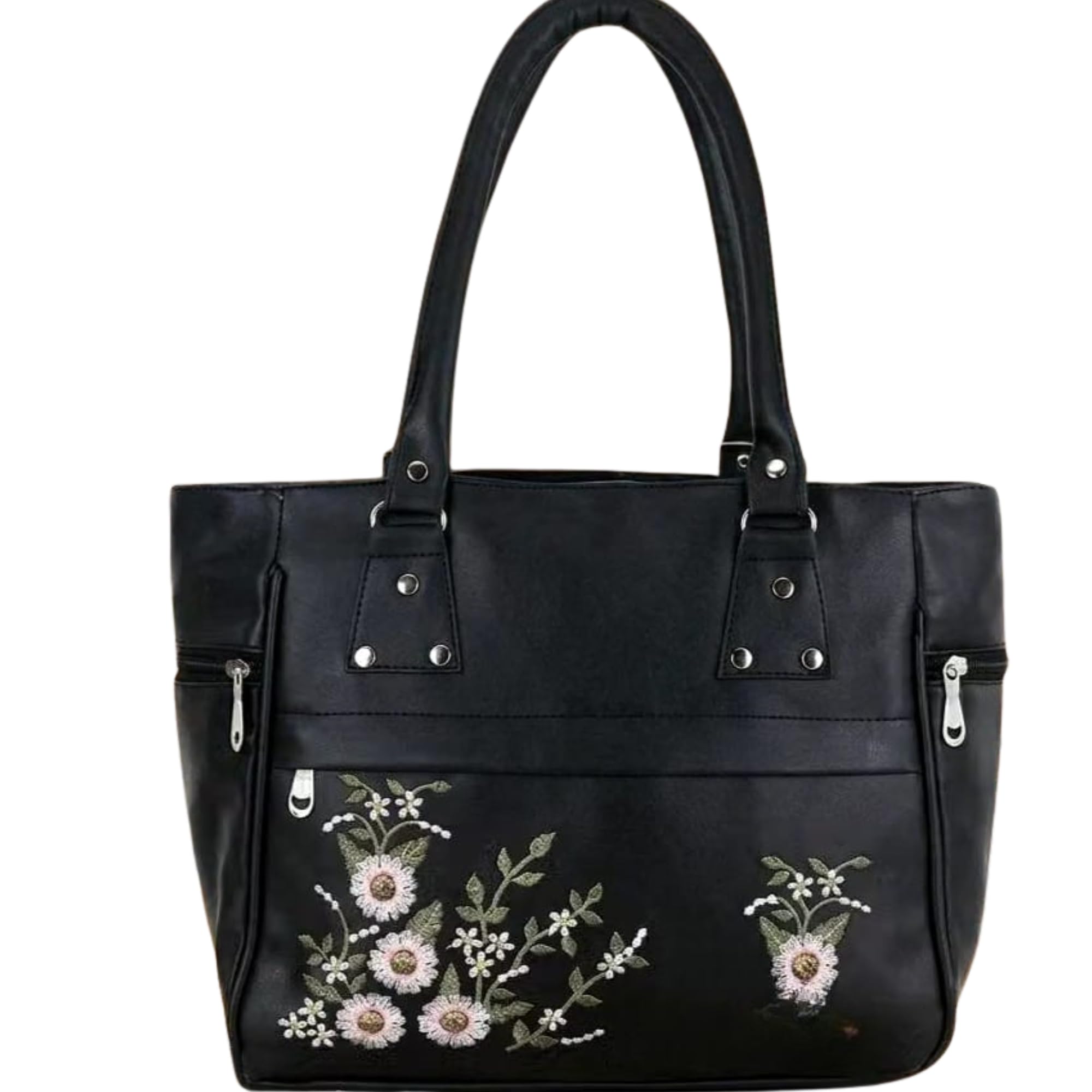 Women's Embroidered PU Leather Tote Handbag with Side Zipper Pockets | Stylish Shoulder Bag for Office, Shopping & Daily Use-image-35