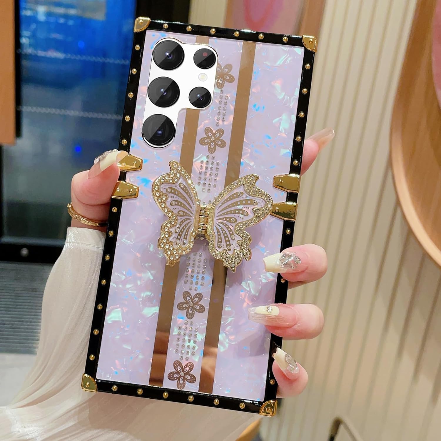 for Samsung Galaxy S25 Ultra Glitter Kickstand Case,Cute Bling Sparkly Butterfly Foldable Stand Floral Marble Mirror Elegant Shockproof Women Girls Protective Case for Galaxy S25 Ultra,Purple - Image 6