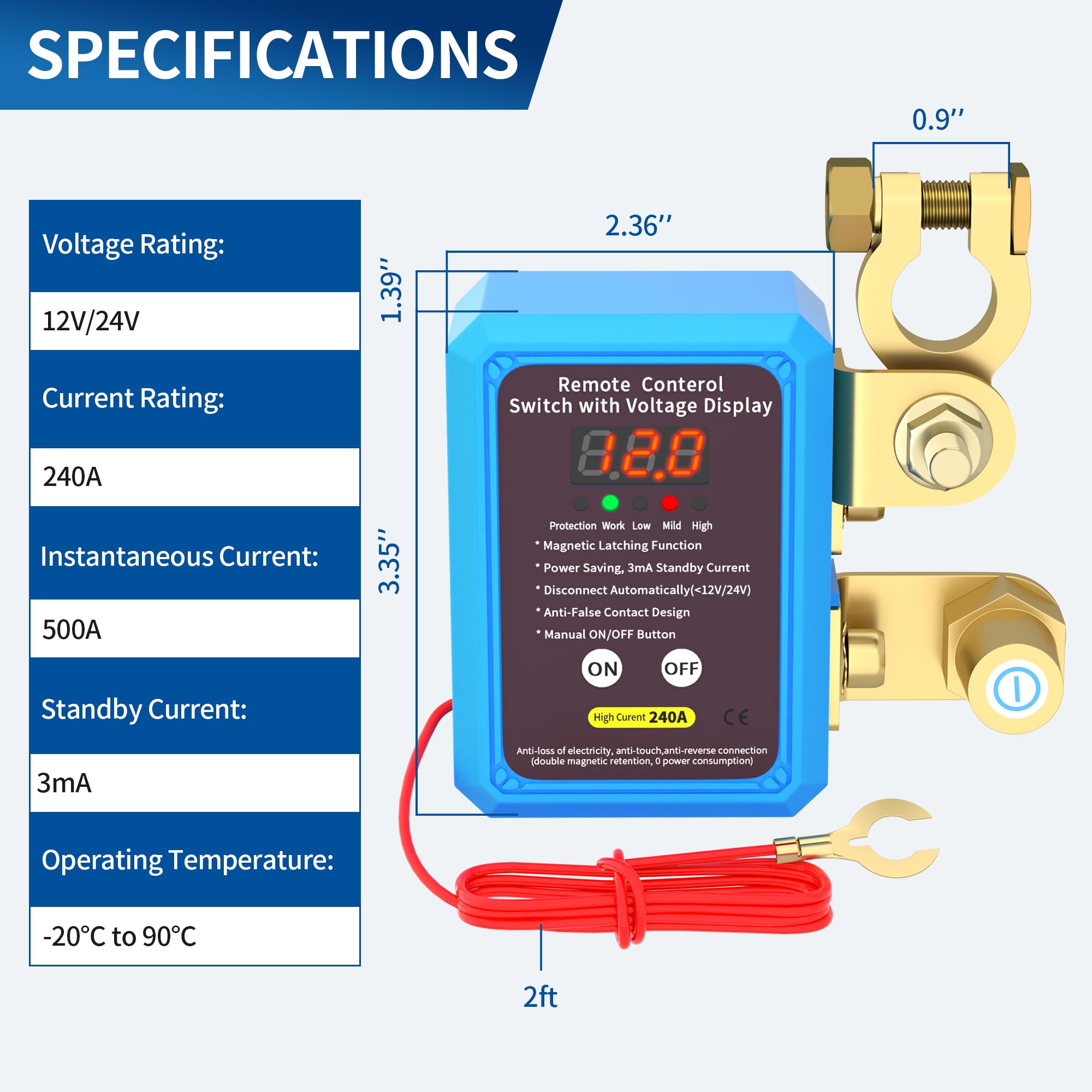 Joinfworld Interruttore isolatore batteria 240A 12 V telecomando con display di tensione a LED Interruttore di spegnimento automatico antifurto per auto camion barca