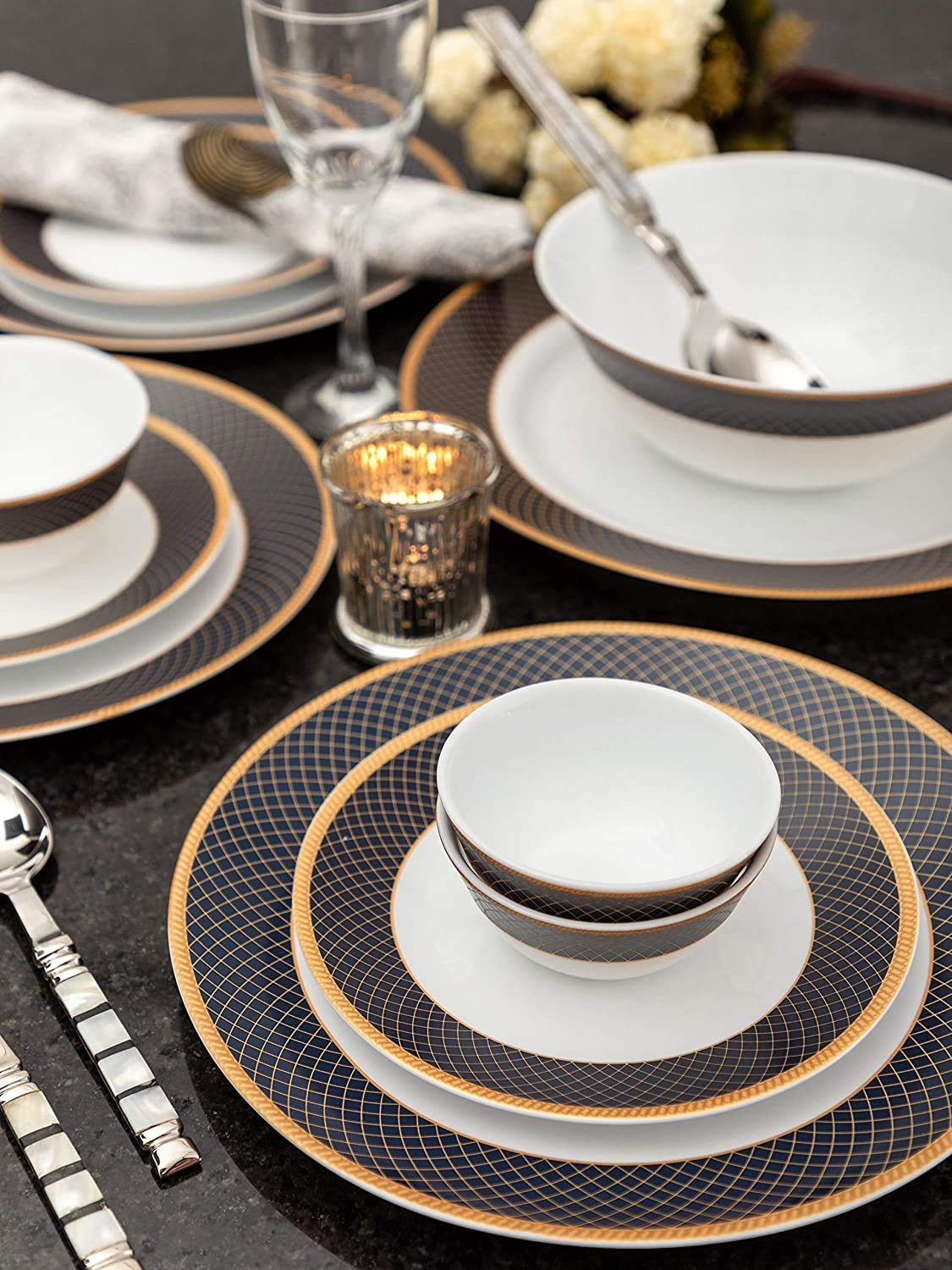 SkyKey Laopala Pack of 33 Opalware Regent Blue Opalware Dinner Set (Set of 33pcs) Dinner Set