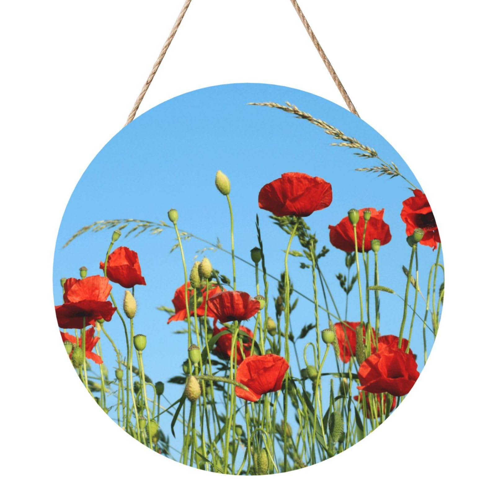 InOmak Poppies On Blue Sky, Round Wood Panel Painting 12 in, Wall Hanging Painting For Home