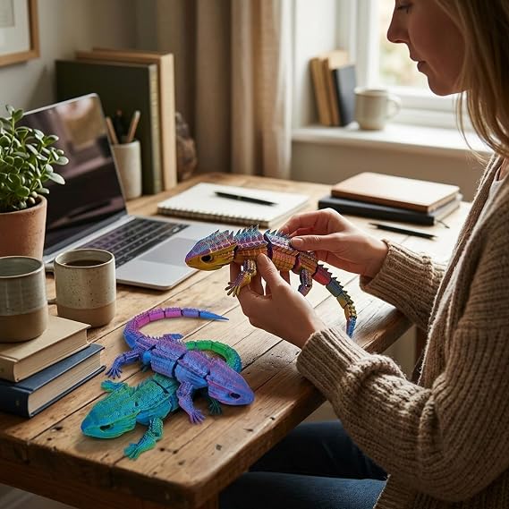 3PCS 3D Printed Lizard, 3D Printed Animals for Focus Enhancement, Dynamic Desktop Decoration for Office and Study Spaces, 30 cm Lizards in Silk Red Blue, Silk Blue Green and Silks Mult