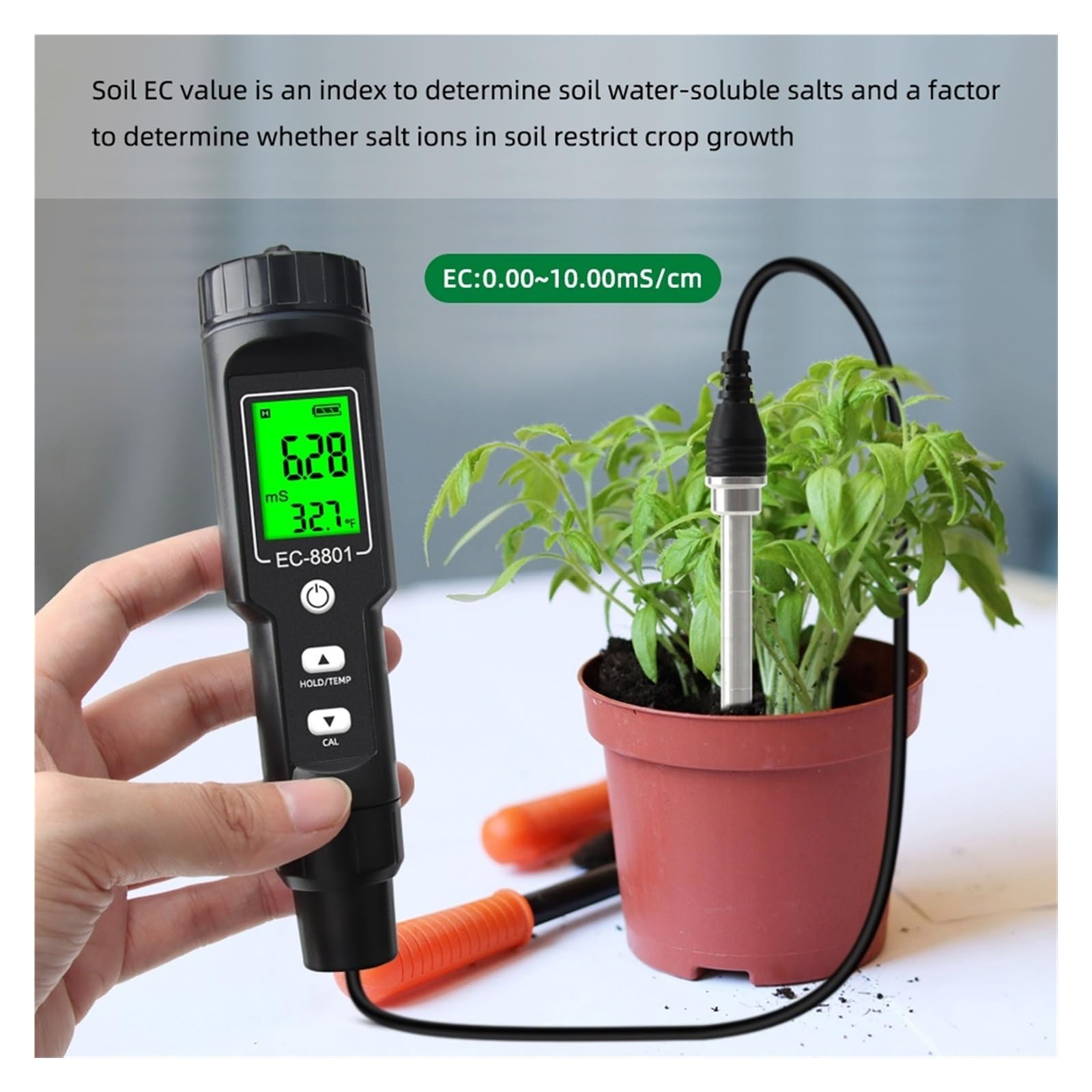 Probador de suelo Digital EC/Temp 0,00~10,00 mS/cm medidor de conductividad Sensor analizador de tierra con ATC jardín de plantación al aire libre,Rápido y preciso(EC-8801B)