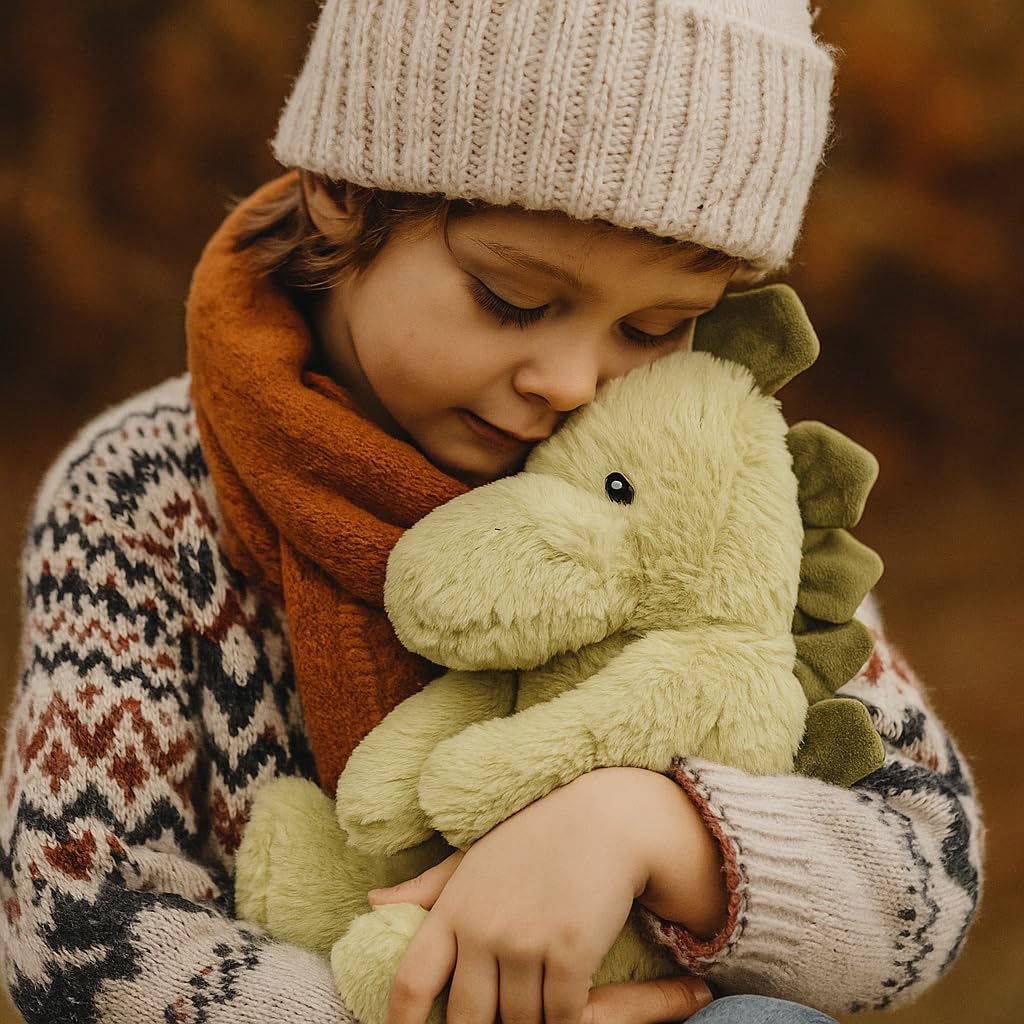 PLIC - Doudou Bouillotte Dinosaure, Peluche Chauffante Micro-Ondes, Sac de Billes Amovible, Chaud & Froid pour Coliques & Bobos, Housse Lavable