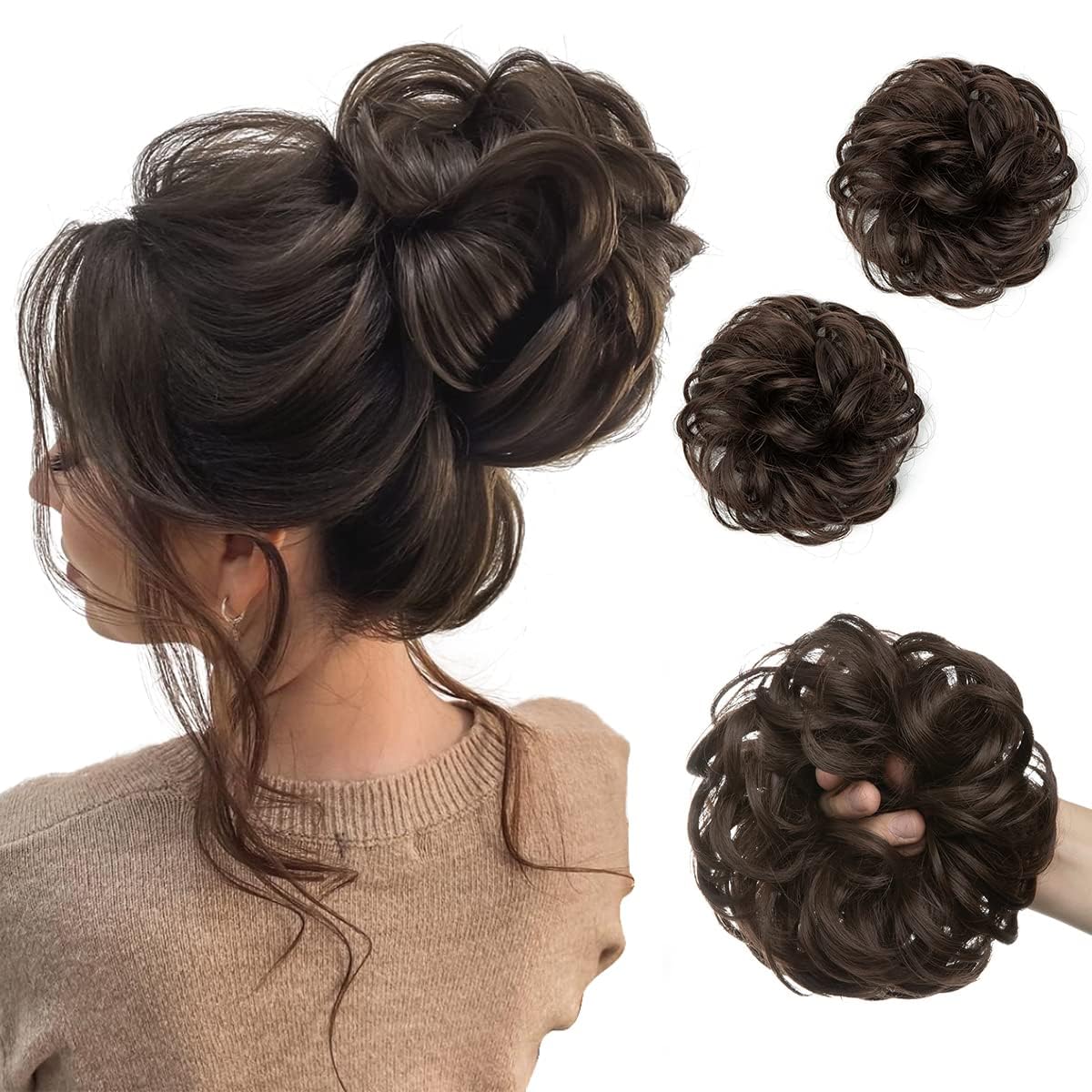 HAIR WALA™ 2PCS, 100% Kanekalon Very Soft Natural Messy Hair Bun Hair Pieces Wavy Curly Synthetic Updo Fake Scrunchies Ponytail Extension for Women, 38 G, Brown Color (Brown)