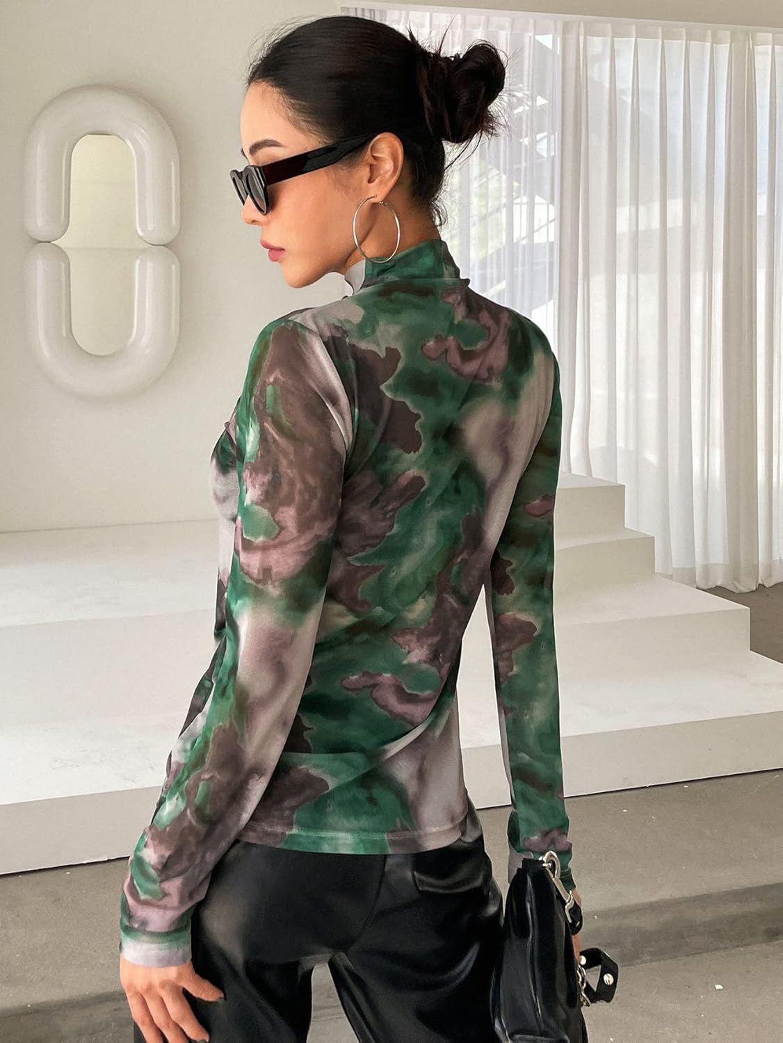 Milumia Women's Tie Dye Mock Neck Tee Sheer Long Sleeve Fitted Tops - Image 2