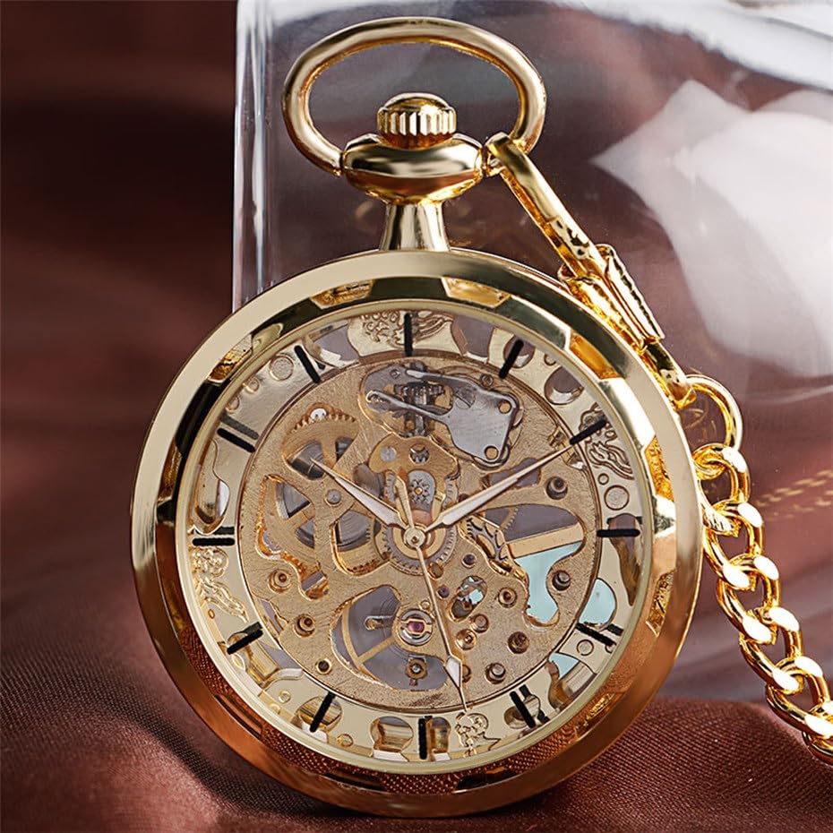 Transparente offenes Zifferblatt, hohles Skelett, mechanische Taschenuhr, Handaufzug, Vintage-Uhr, Geburtstagsgeschenk, mit Taschenkette(Gold Roman Numbers)