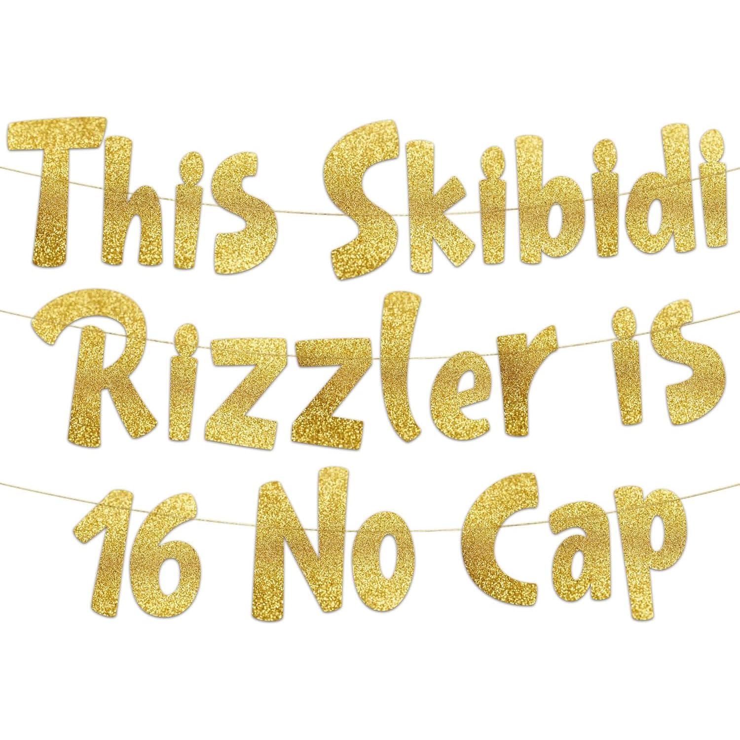 "16th Birthday Banner Gold Glitter - This Skibidi Rizzler is 16 No Cap - Fade-Resistant Party Decoration for Sweet 16 Celebration - Easy Hang Adult Party Backdrop "