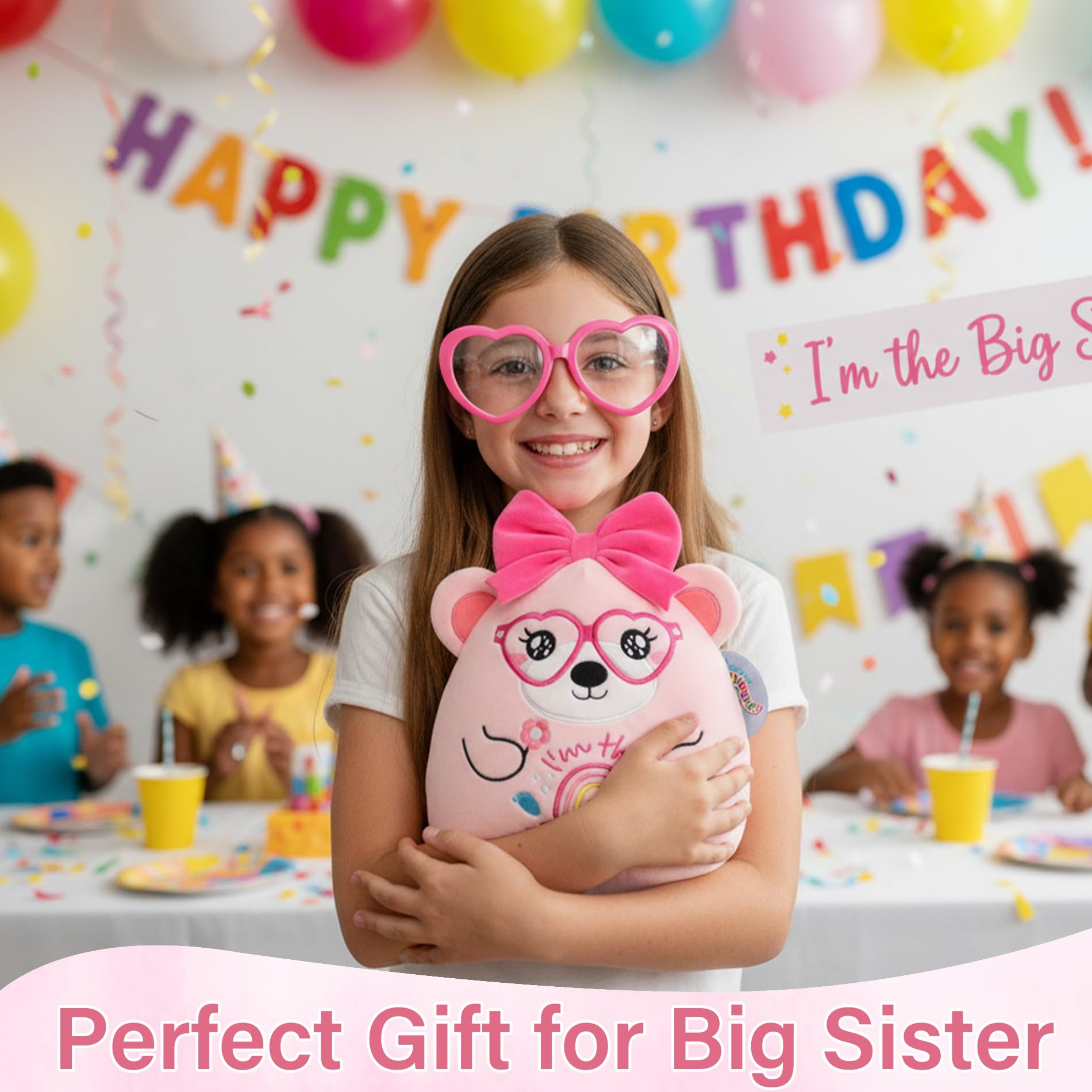 Big Sister Gifts Bear Plush - Cute "I'm the Big Sister" Plush Bear with Big Bow Heart Glasses Rainbow Embroidery Toy Sister Gift for Girl Sibling Kid’s Birthday Baby Shower Bear Gift for Toddler 10in