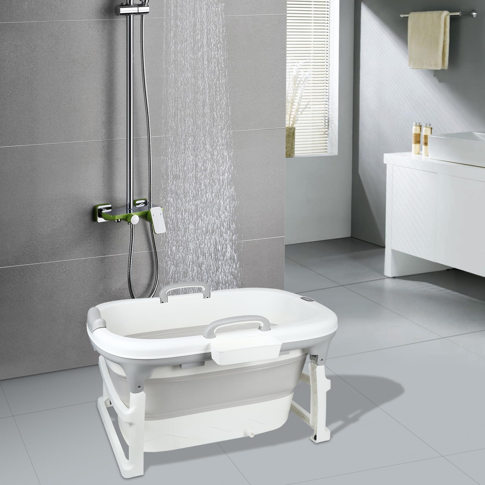 Bañera plegable portátil de plástico, bañera plegable con estante para niños, 99 x 62 x 52,9 cm, color gris