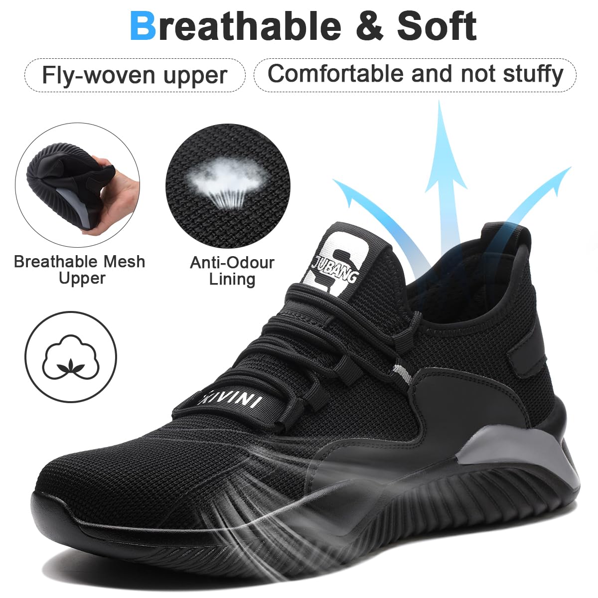Buty ochronne, dla kobiet i mężczyzn, buty robocze ze stalowym noskiem, lekkie, bezpieczne, sportowe, oddychające, stylowe sneakersy, również do trekkingu, czarny i szary, 40 EU
