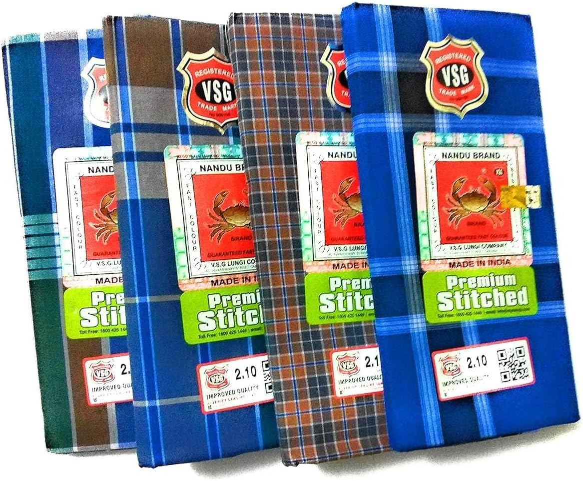 Nandu Men's Brand Cotton Stitched Lungi - Pack Of 4 Free Size One Size Multicolour