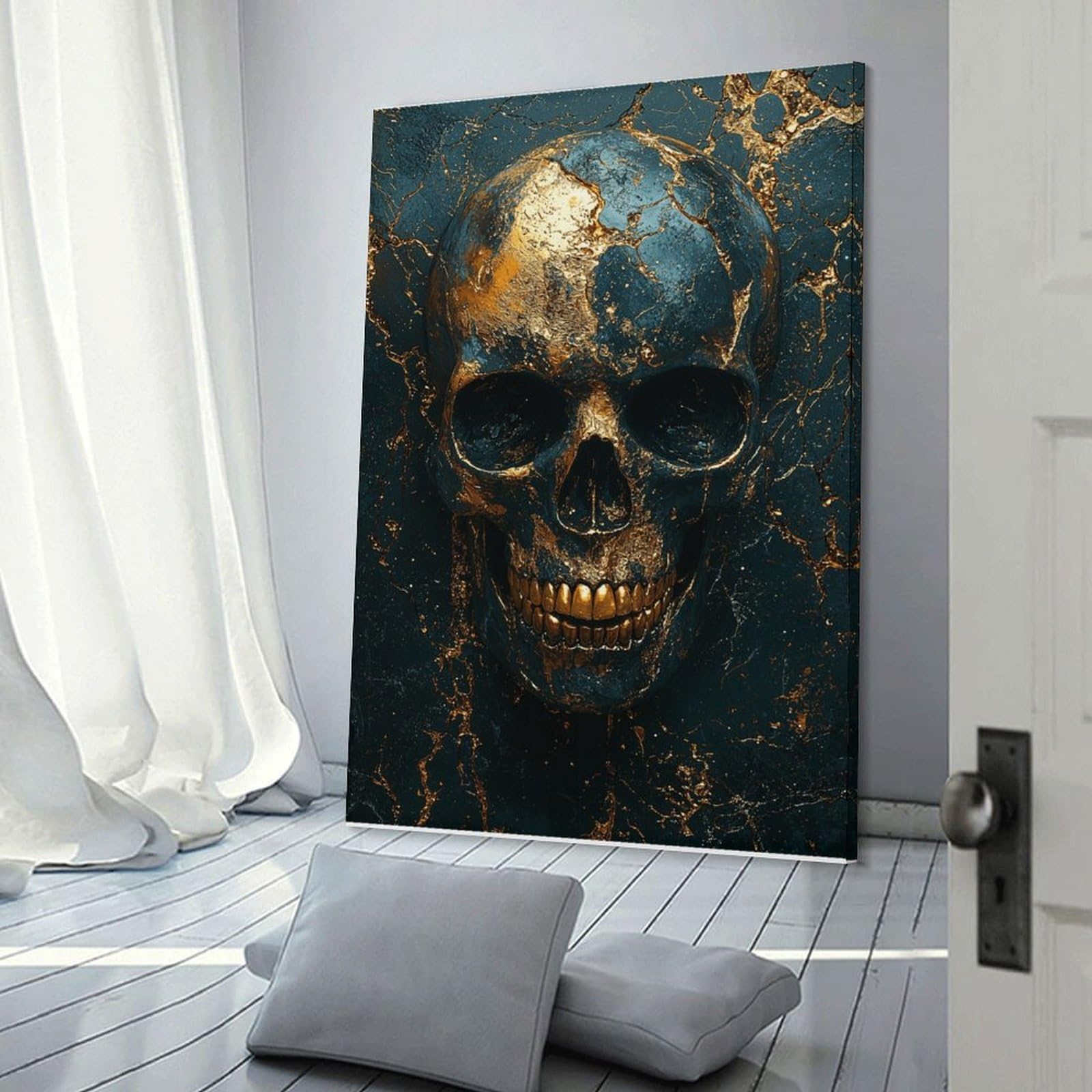 Junmoney Frame-Style-6 Golden Skull Wall Art Wall Decor Canvas Print, 20X30inch(50X75cm), For Lounge, Bedroom Or Personal Spaces, Thoughtful Wall Decor For Art Lovers