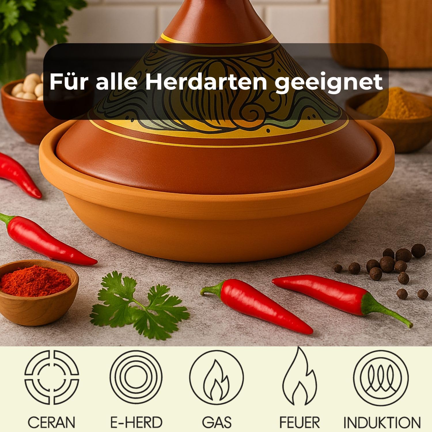 Tajine marocain pour la cuisson | Cocotte émaillée Chaouen Ø 30 cm pour 4 à 5 personnes | Avec recette et manuel d'utilisation (français non garanti) | Pot en terre cuite original fabriqué à la main