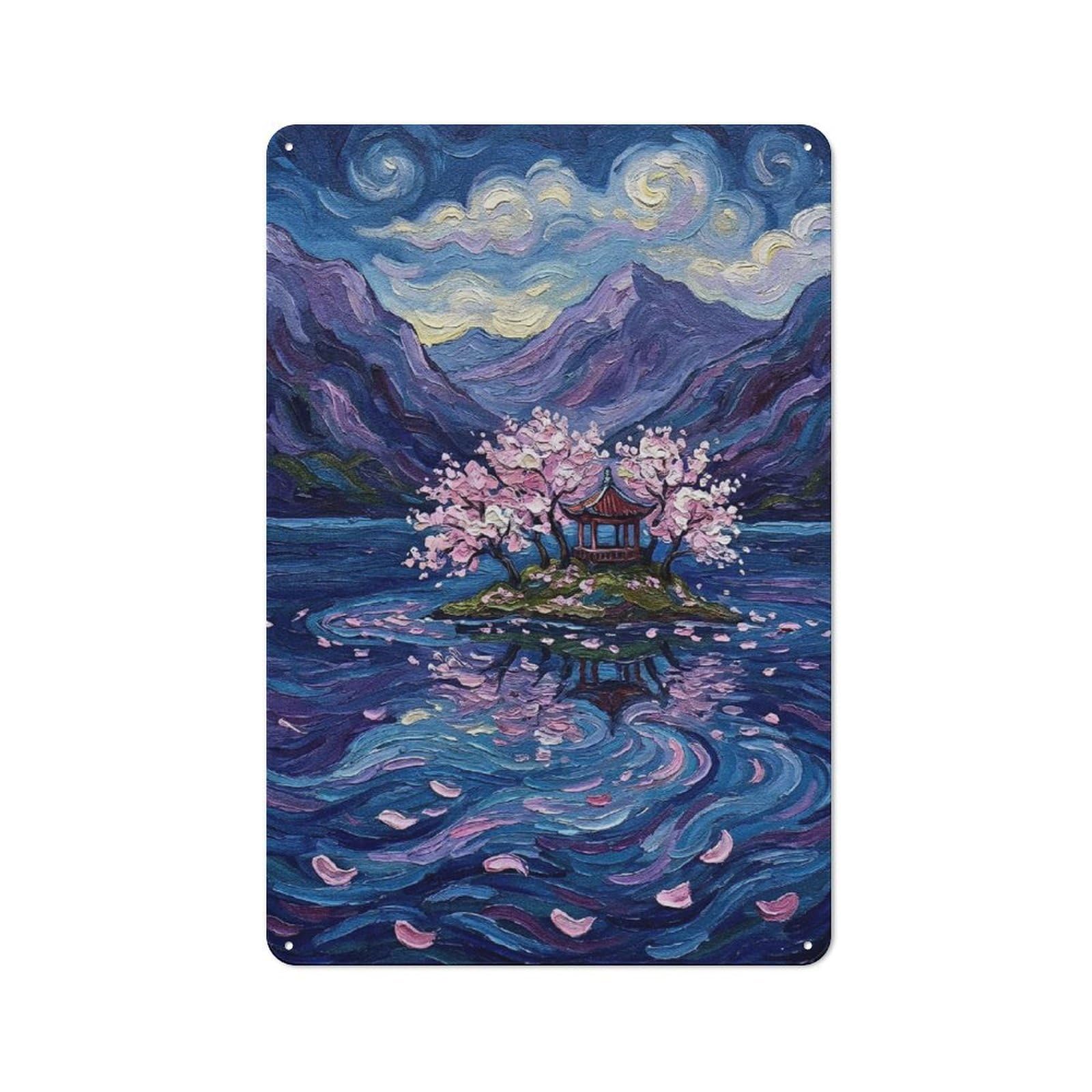 Junmoney Style-3 Tin Wall Plaque 30X20cm With Pagoda Island With Cherry Blossoms For Guest Room Or Hallway, A Decorative Christmas Gift For Home Decor Collectors