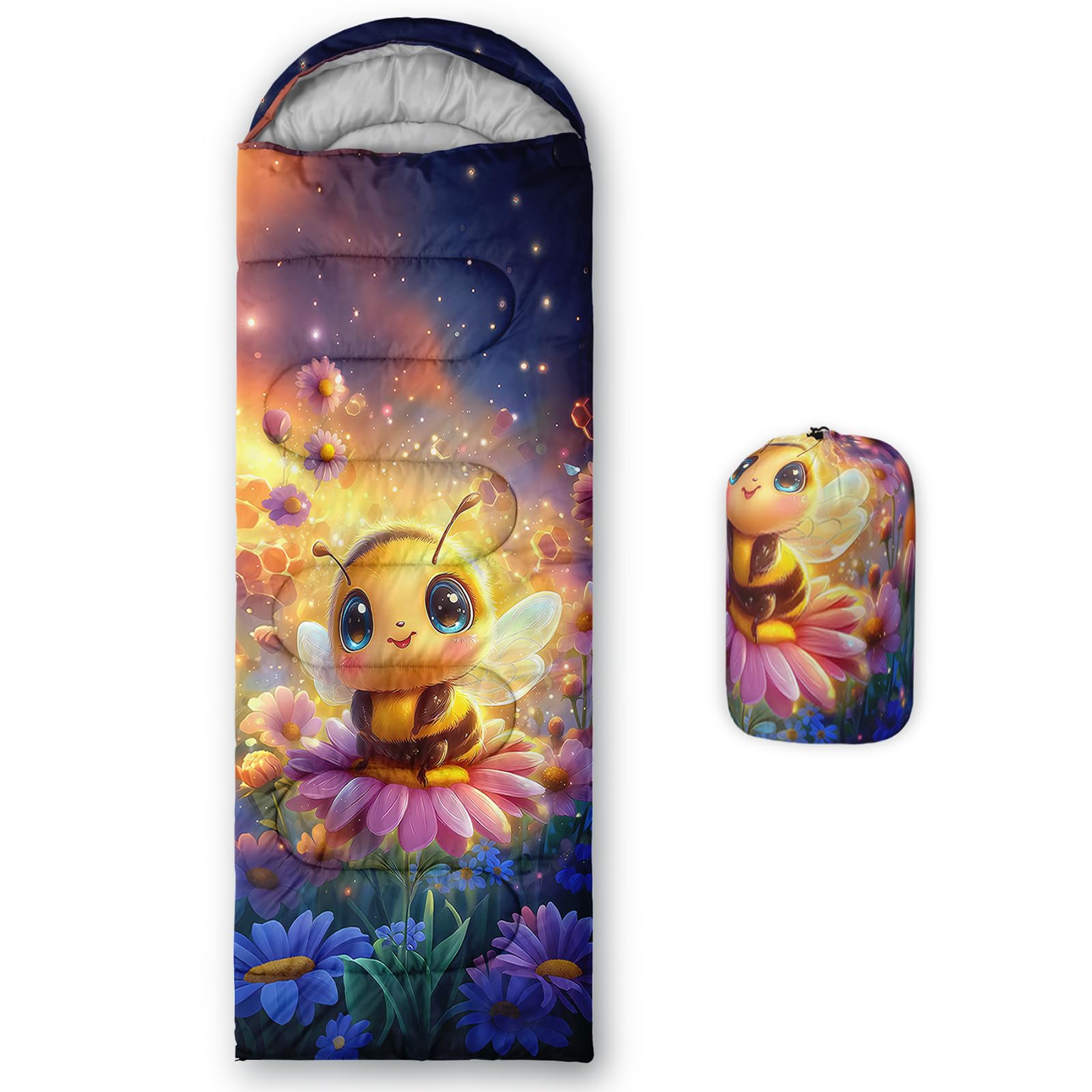 QOOMO Cartoon Cute Bee Waterproof Sleeping Bags for Adults & Kids,Printed Camping Sleeping Bags, 3 Season Warm & Cool Weather,Lightweight,Traveling,and Outdoors,Camping Gear Equipment,31x90inch
