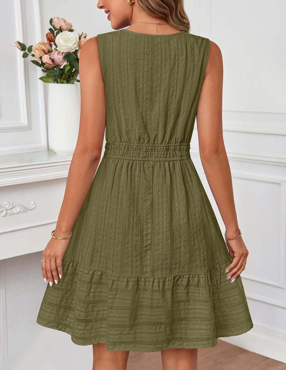 MEROKEETY Women's 2026 Summer Casual Mini Sundress Beach Vacation Sleeveless V Neck Flowy A Line Dress with Pockets - Image 4