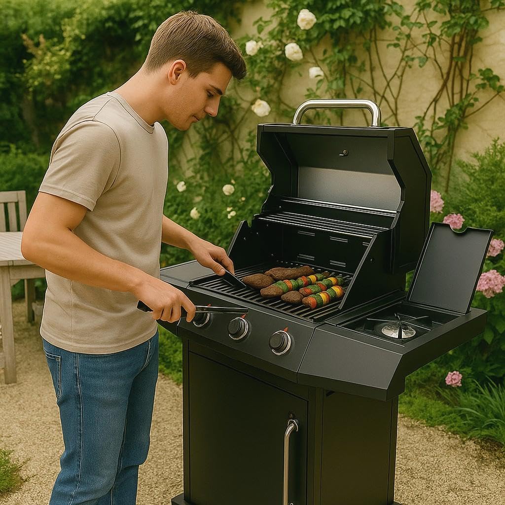 Barbecue a gas Ambra Garden Florida 3 fuochi + 1 fornello laterale piastra e griglia in ghisa 10,9 Kw
