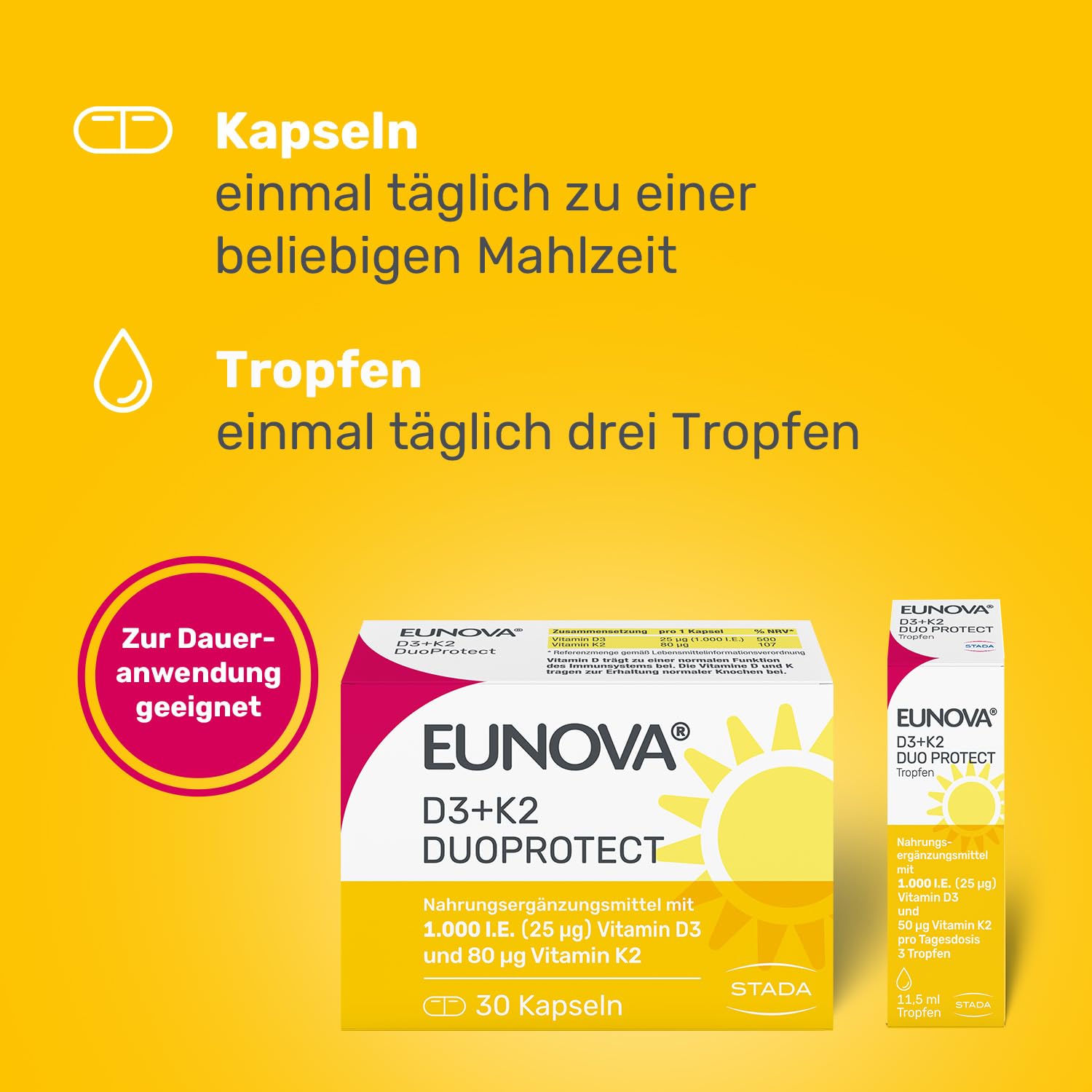 EUNOVA D3 + K2 DuoProtect – 1.000 I.E. Nahrungsergänzungsmittel zur normalen Funktion des Immunsystems & Erhaltung normaler Knochen 90 Kapseln (2 er Pack)