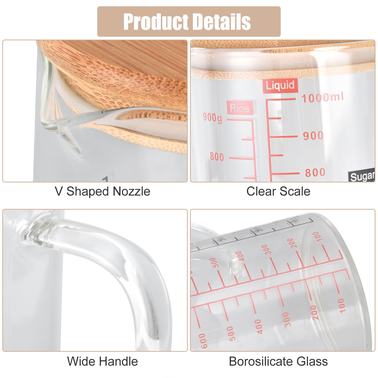 Vaso medidor de vidrio resistente al calor, 1000 ml, recipiente de vidrio transparente con boquilla en forma de V, herramienta de cocina para microondas, para hacer yogur, café con leche (1000 ml)