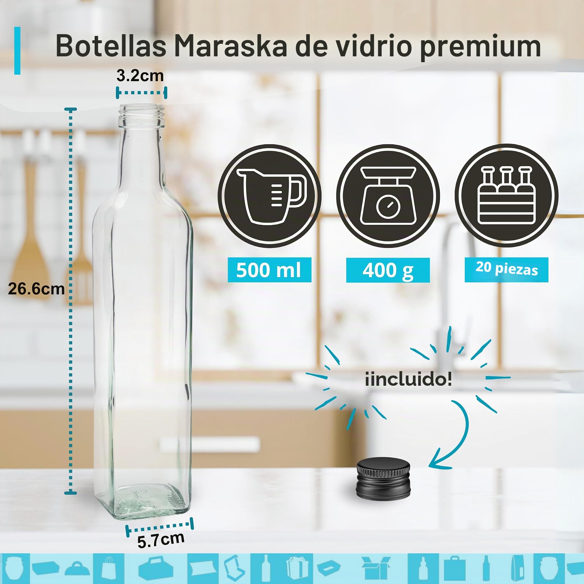 Espirito Rebelde 20 Botellas de Cristal 500ml con Tapón de Rosca Negro - Aceite de Oliva, Vinagre, Alcohol, Salsas - Aceitera de Cristal