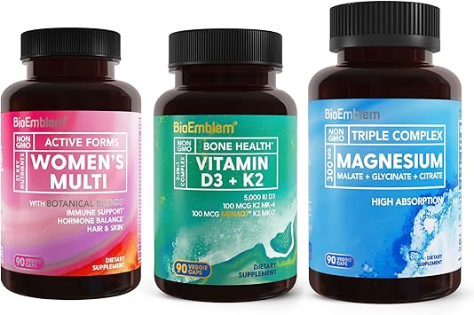 BioEmblem Triple Magnesium Complex and Vitamin D3 K2 and Womens Multivitamin