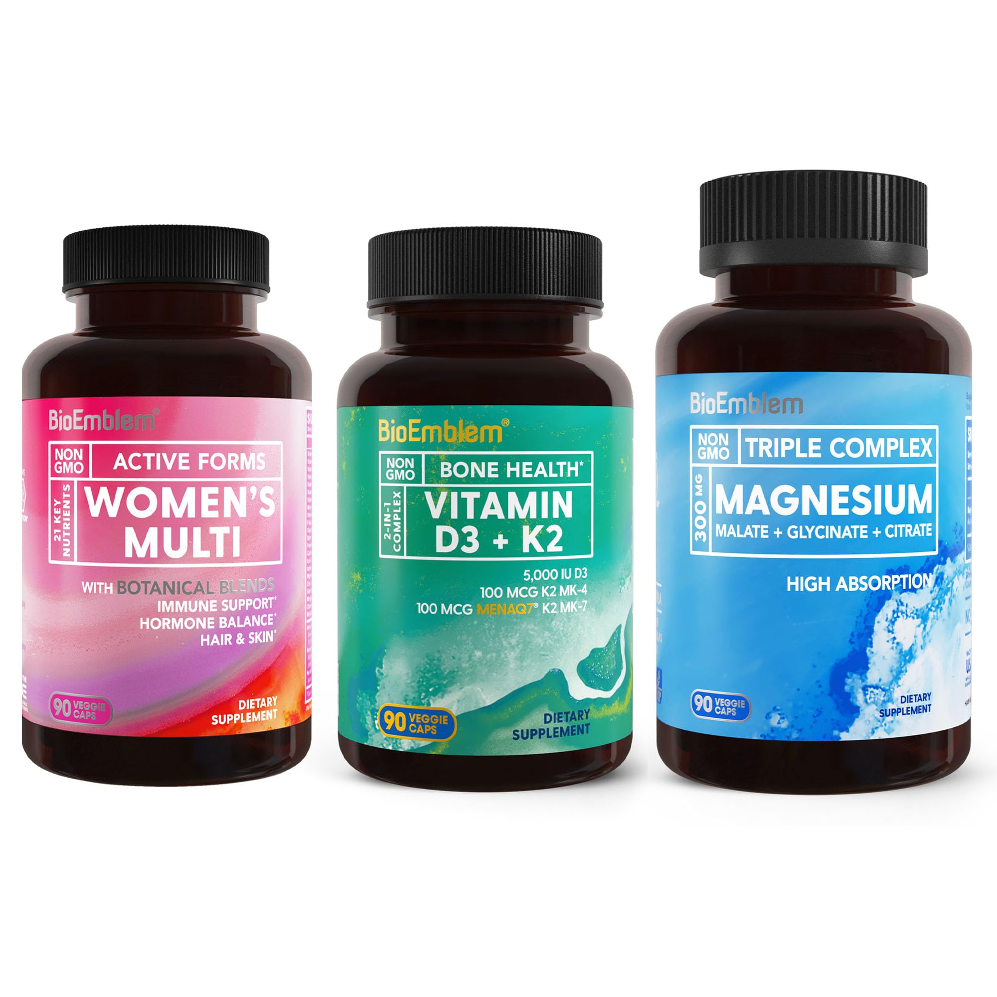 BioEmblem Triple Magnesium Complex and Vitamin D3 K2 and Women's Multivitamin