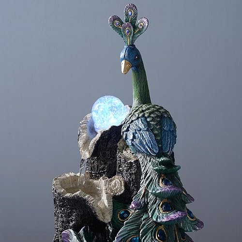 Miniatura 6 de KALONA Cascada de imitación para interiores de 13.39 pulgadas con bola giratoria de vidrio, función de pavo real, luces LED RGB, fuente de