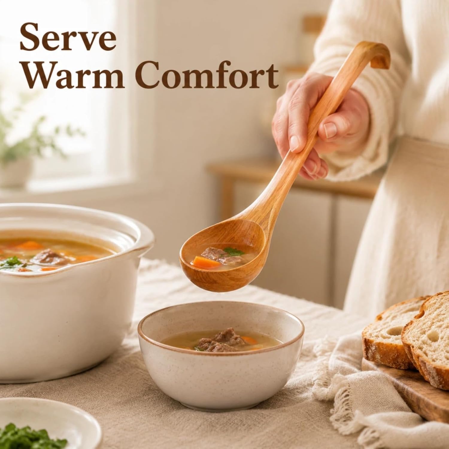 11"Wooden Soup Spoon - Deep Lacquered Wooden Ladle for Cooking, Sauce Serving and Kitchen Use with Hanging Hook & Heat-Resistant Handle (11x3.1 Inch)