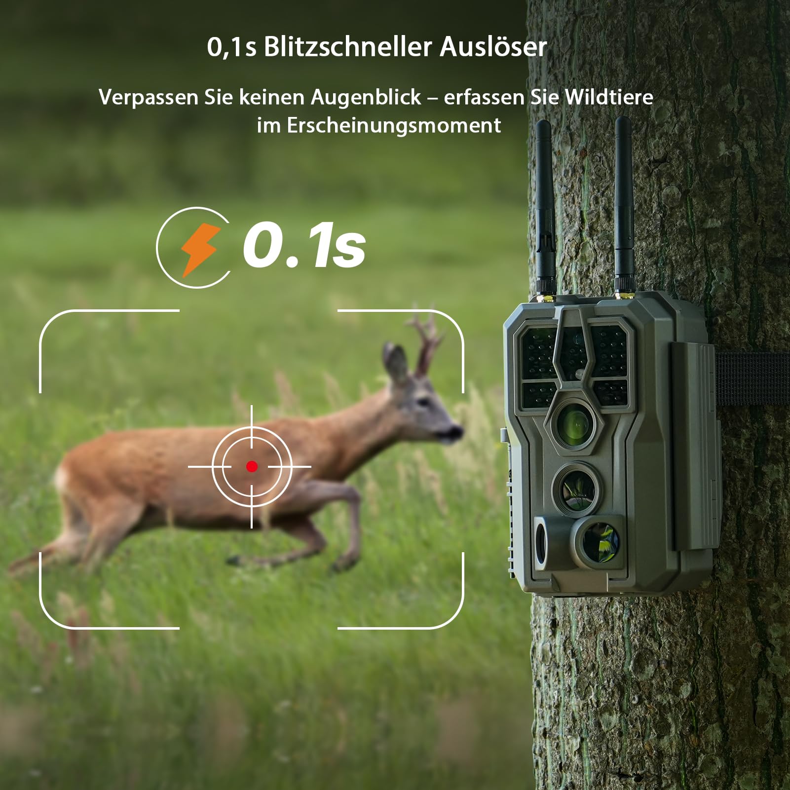 GardePro E8 2.0 Pro Wildkamera Doppelantenne WLAN mit 64GB SD Karte, 64MP H.264 4K Video Wiederaufladbare 7800mAh Akku, Mobilfunkübertragung, 30m Nachtsicht Bewegungsmelder 0,1s Trigge, IP66