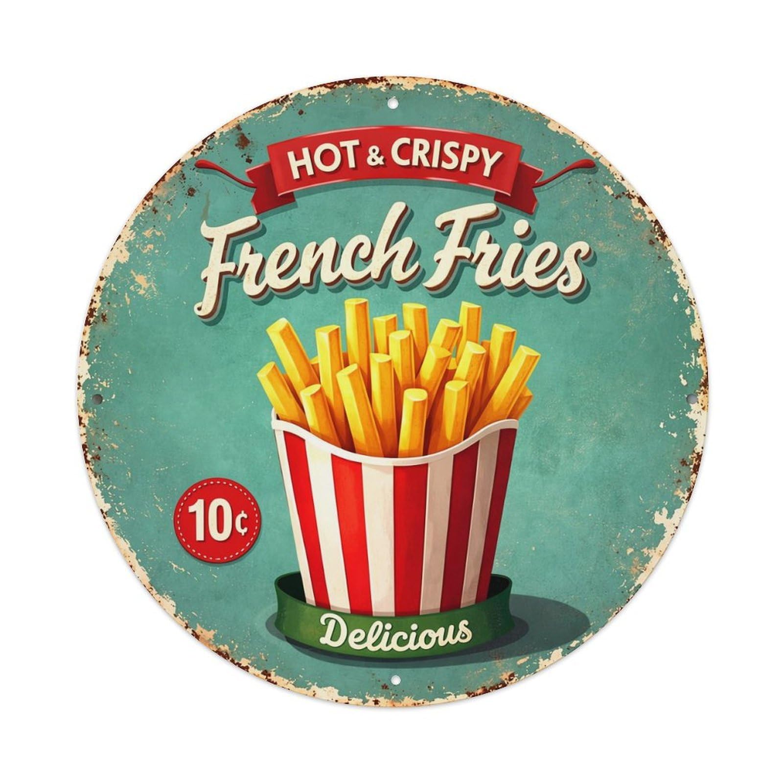Hot Crispy French Fries Delicious Vintage Round Tin Sign Retro Metal Wall Decor Metal Poster, Home Bar Garage Cafe Wall Art Decoration 8x8Inches