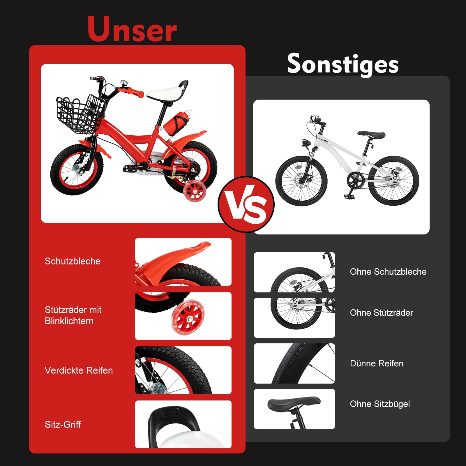 Regalo per bambini: bicicletta rossa da 12 pollici per bambini con ruote di supporto - Bicicletta regolabile in altezza con cestino e campanello a partire dai 2 anni