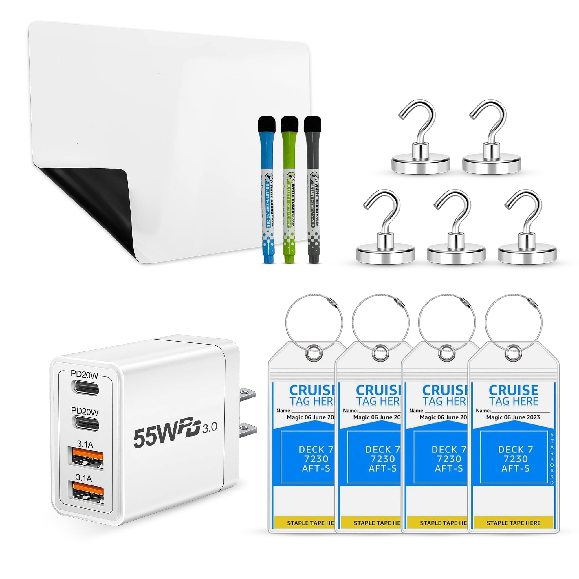 Cruise Ship Essentials - Luggage Tag Holders, Magnetic Dry Erase Whiteboard w/Markers, Power Adapter, 5 80lb Magnetic Hooks (for Carnival)