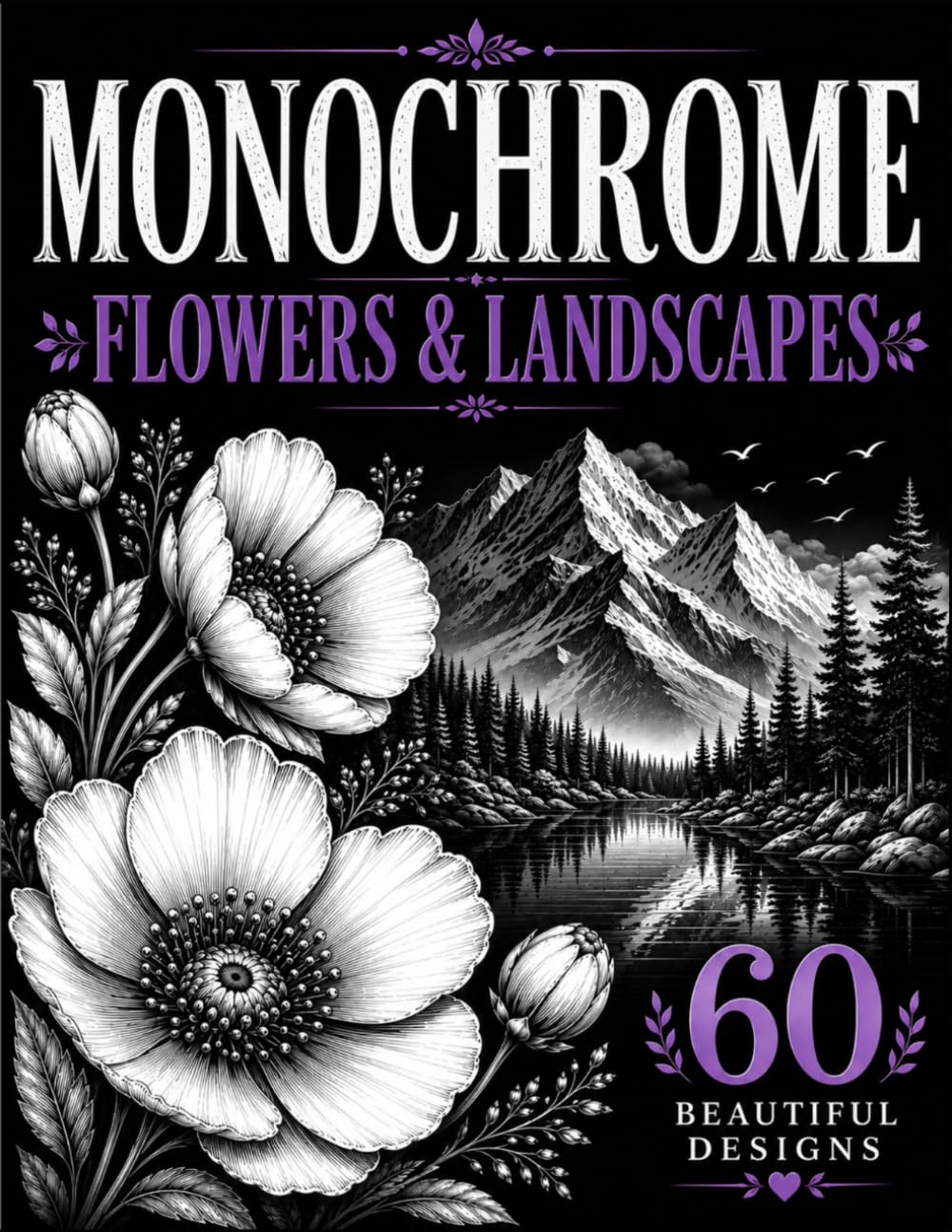 Monochrome Coloring Book for Adults: One Color Flowers and Scenic Landscapes for Peaceful Relaxation and Stress Relief