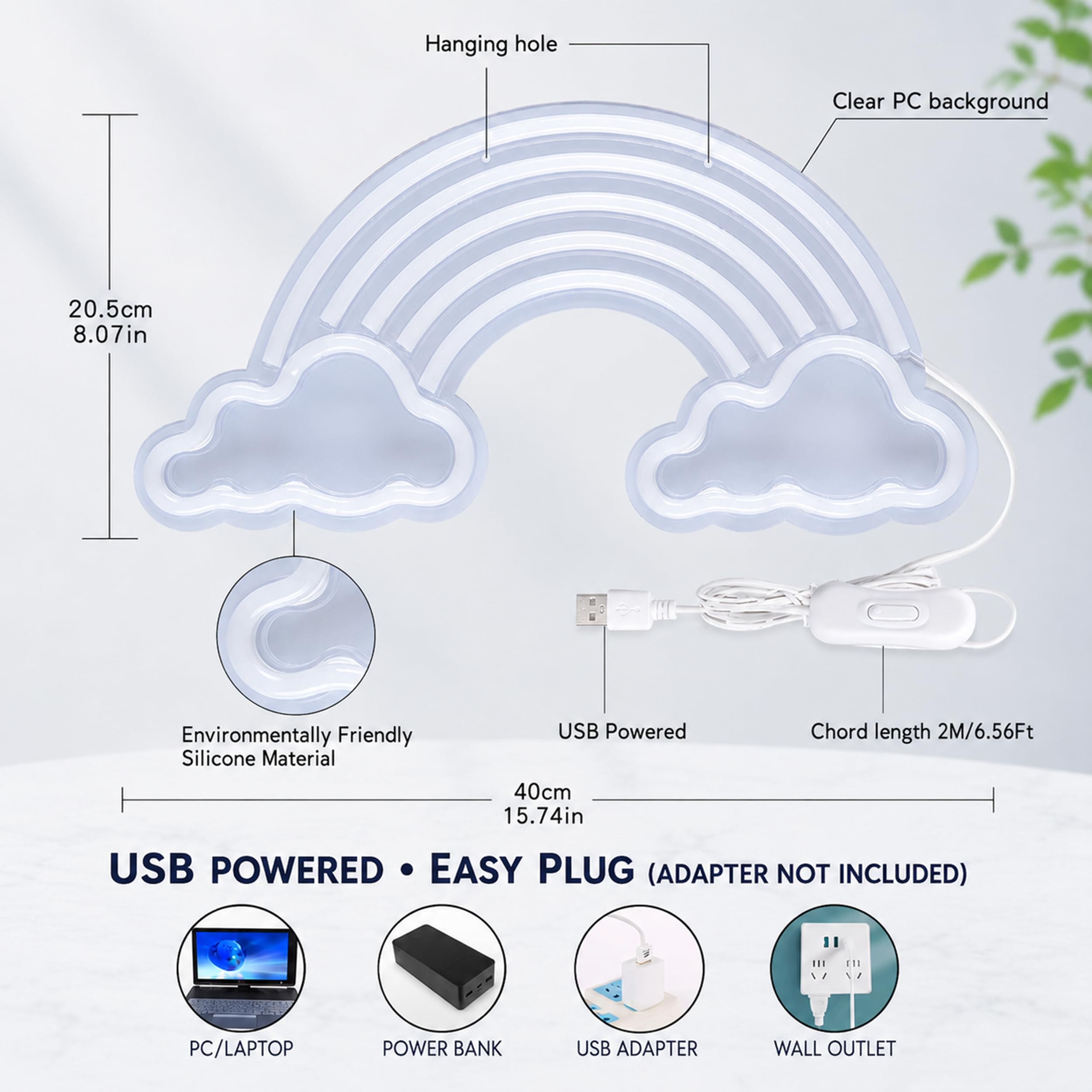 Regenbogen Lampe - Stromversorgungüber USB-Kabel Neon Schild Stimmungslicht Led Wanddeko, Neon Licht Leuchtreklame für Wandleuchte Kinderzimmer und Regenbogen Deko Kinderzimmer