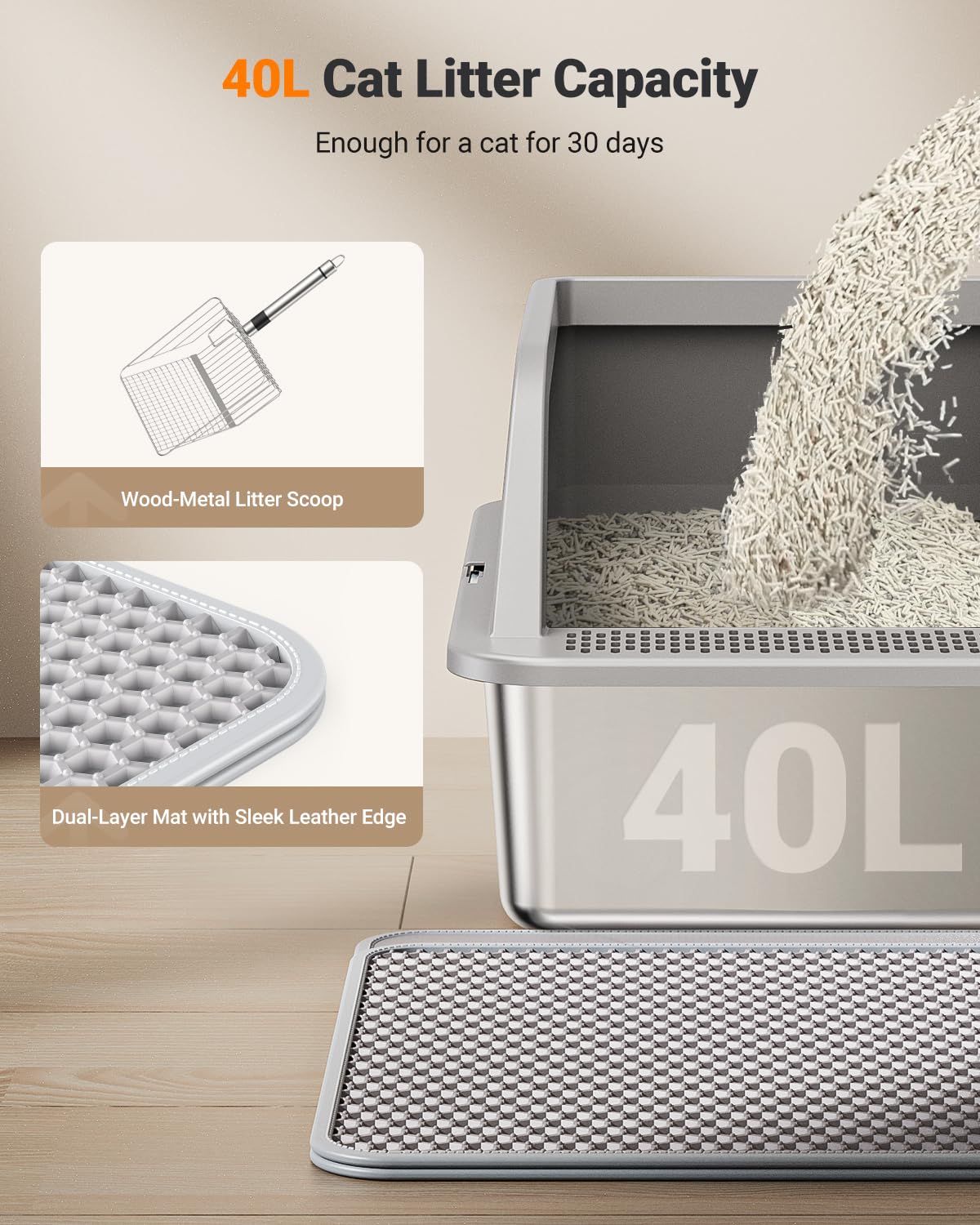 PEDIBAT XL Stainless Steel Litter Box, Extra Large Metal Cat Litter Box with High Sided for Big Cats, Enclosed Litter Boxed with Lid, Easy-Clean Cat Litter Mat & Scoop Kit, Anti-Urine Leakage (Grey) - image 5