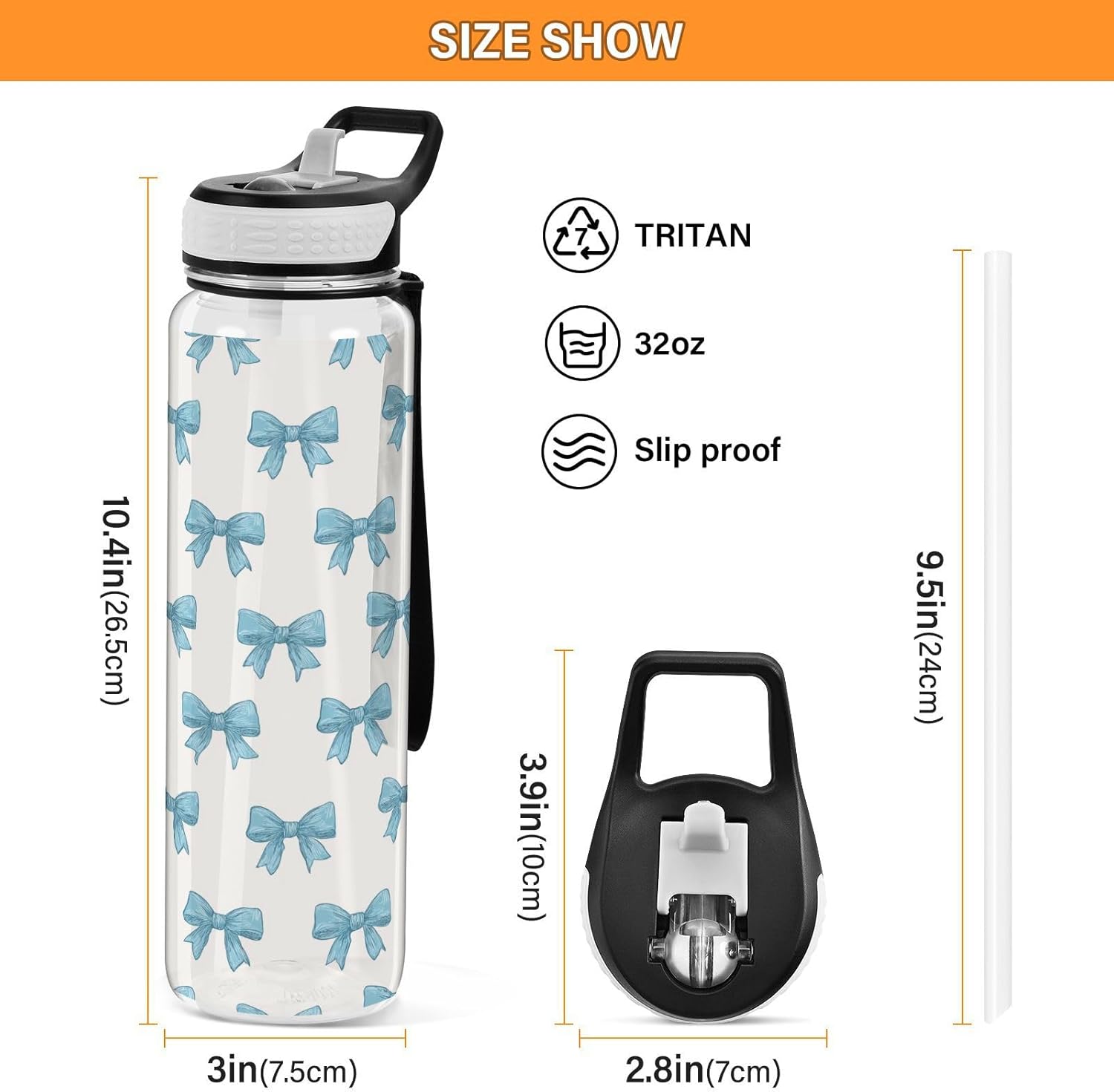 Caikeny Water Bottle with Straw Cartoon Bows Sports Bottles Blue Ribbon BPA-Free Tritan Water Jug with Carrying Strap for Women Men Gym