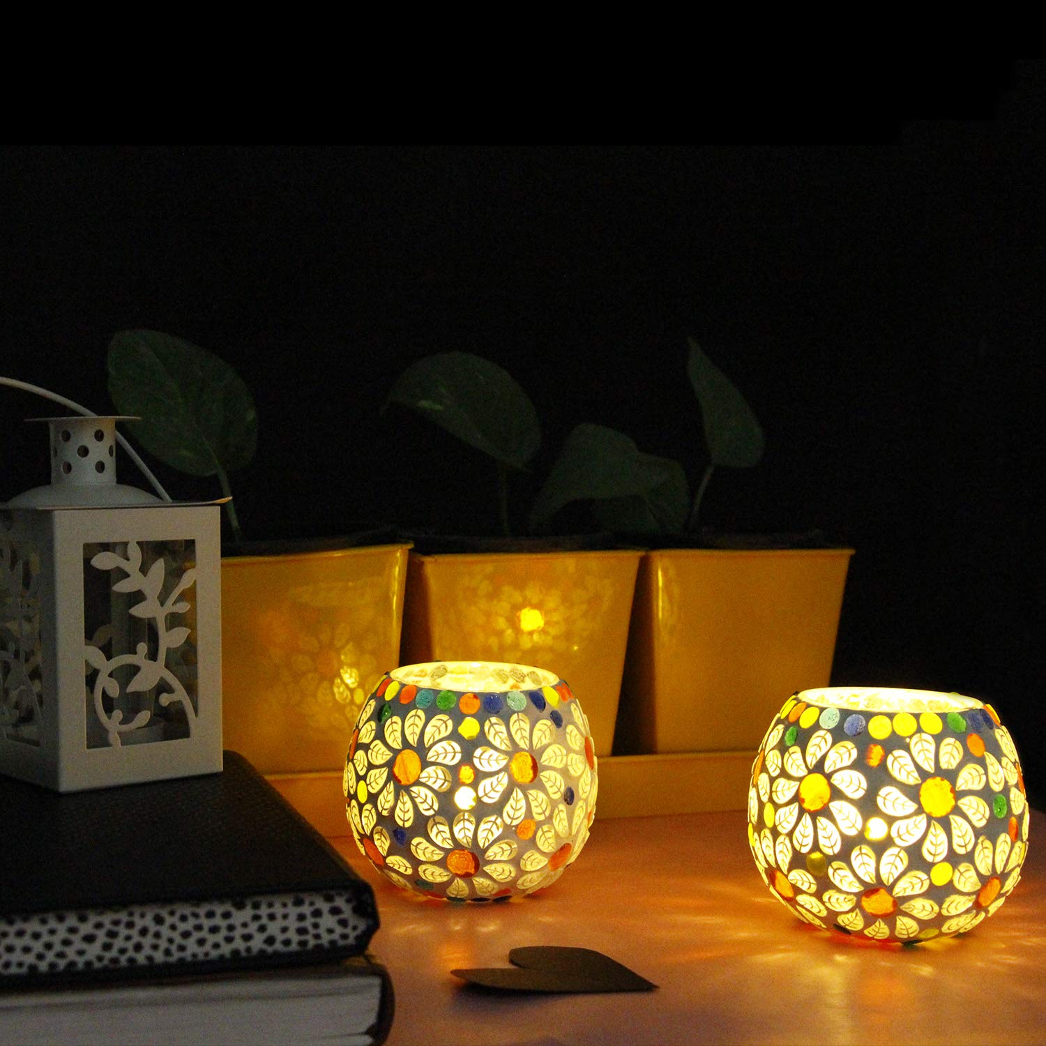 KINORA Glass Decorative Handcrafted Mosaic Design Fancy T-Light/Candle Holder for Living Room Table Home Decor Indoor Outdoor Decorations - Set of 2