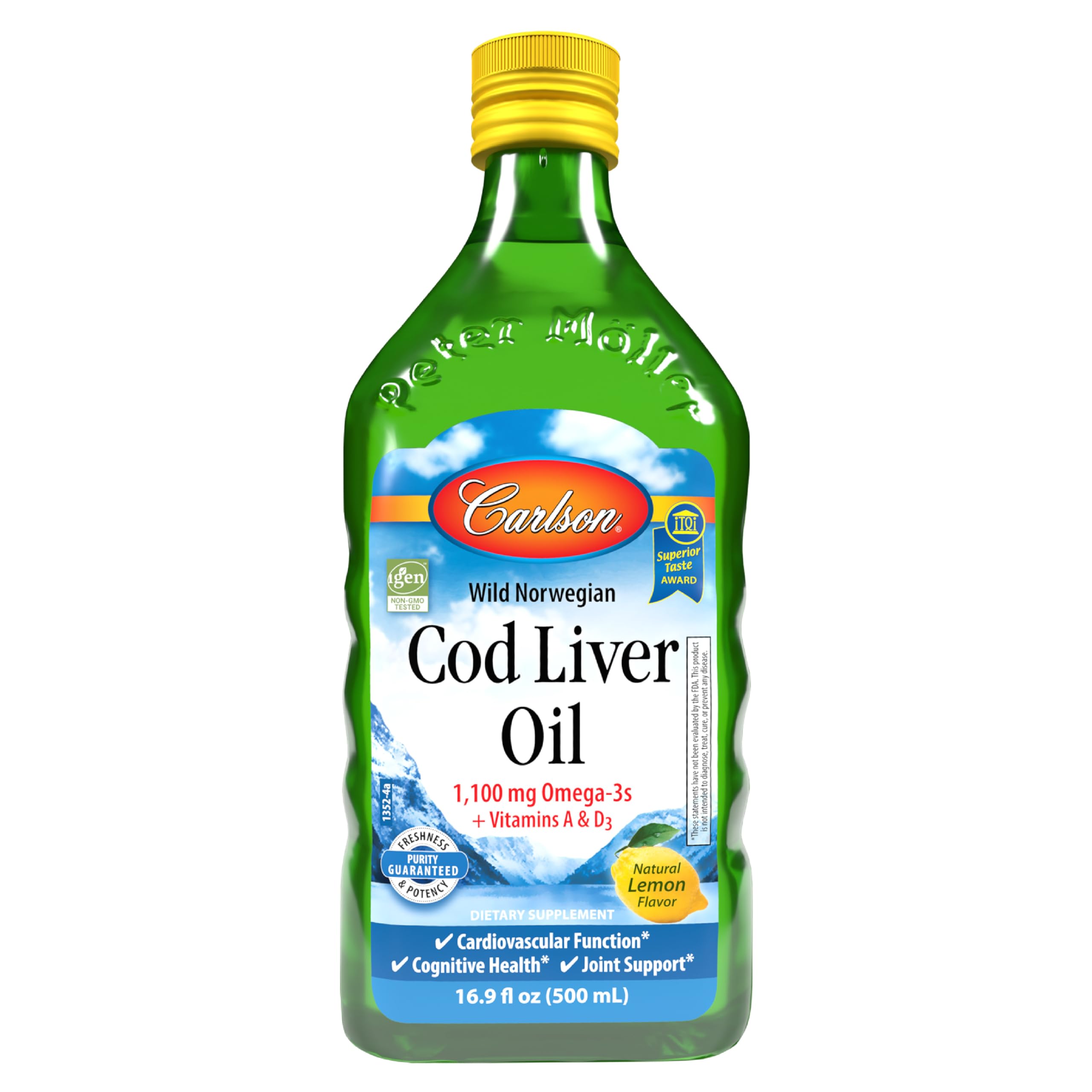 Carlson - Cod Liver Oil 1100 mg Omega-3s Plus Vitamins A & D3, Wild Caught Norwegian Arctic, Sustainably Sourced Nordic Fish Oil Liquid, Lemon, 500 mL (16.9 Fl Oz)