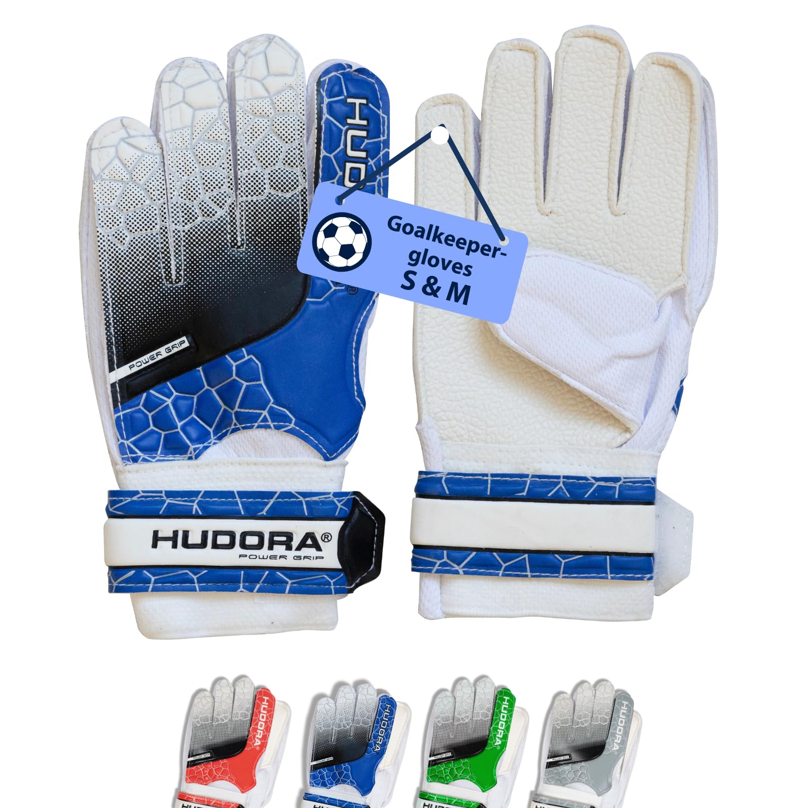 Hudora Goalkeeper Gloves - Padded football goalkeeper gloves for kids & teens in size M - Goalie gloves with foam back - Football gloves with velcro fastener - blue