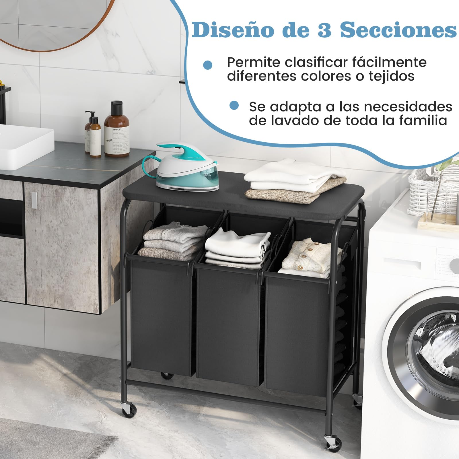 COSTWAY Cesto para Ropa Sucia con Tabla de Planchar, Cesta Colada con 3 Bolsas Extraíbles, 3 x 33L, Cesta de Lavandería para Cuarto de baño, Lavandería, Dormitorio, Negro y Gris