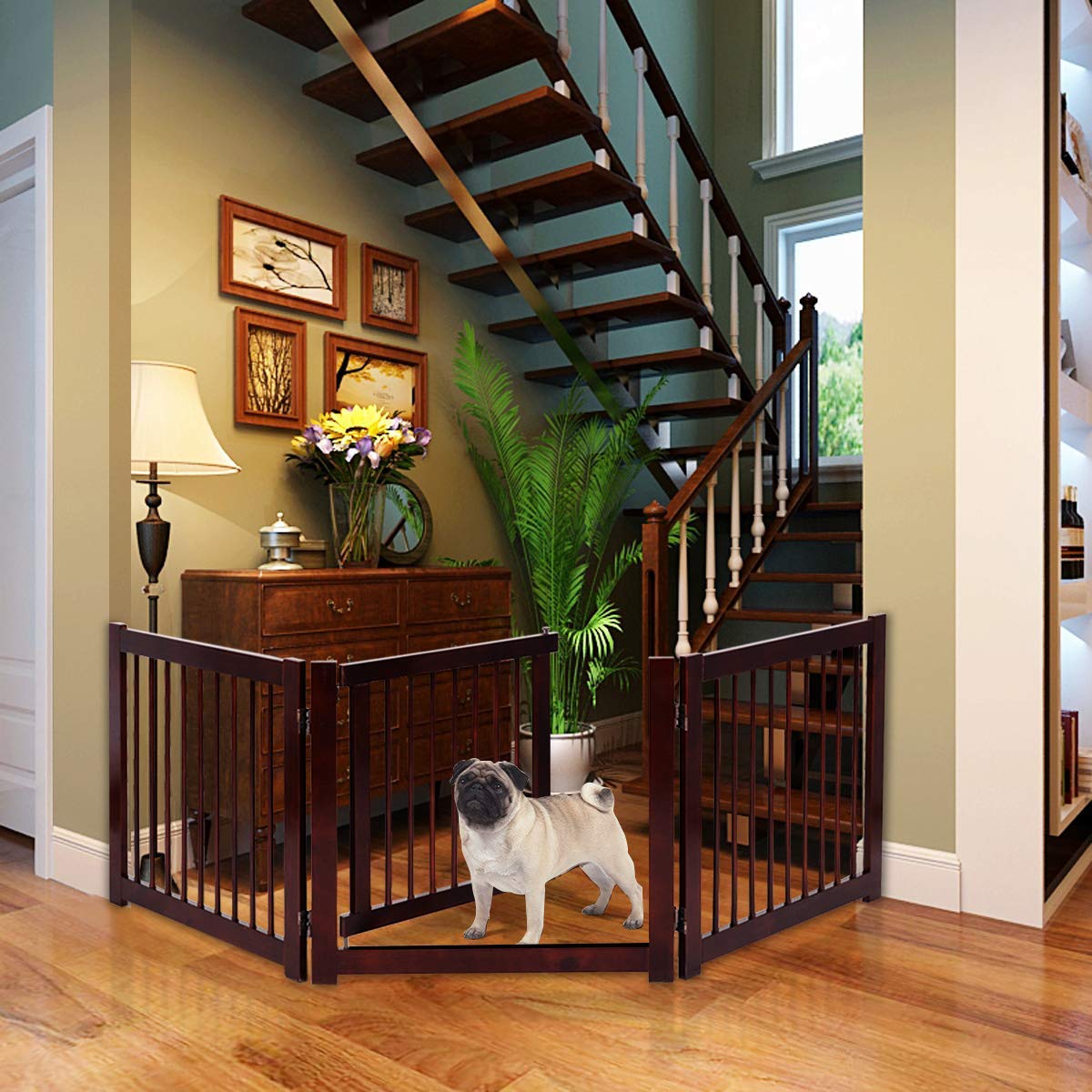 COSTWAY Barrera de Puerta de Seguridad Rejilla para Perros Mascotas Puerta Escalera Protección Plegable de Madera (206 x 61 x 1,8cm)